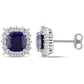 Miadora Sterling Silver Created Blue And White Sapphire Square Halo Birthstone Stud Earrings
