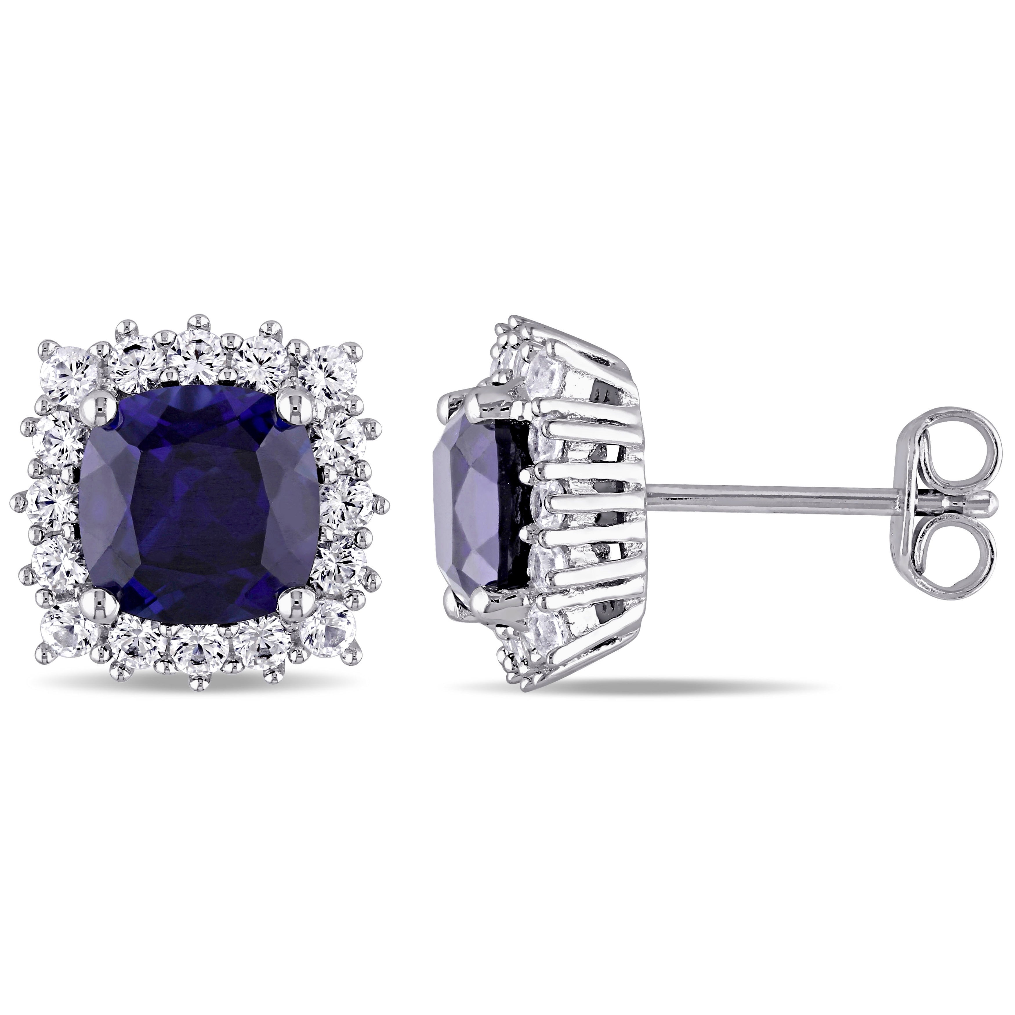 Miadora Sterling Silver Created Blue And White Sapphire Square Halo Birthstone Stud Earrings