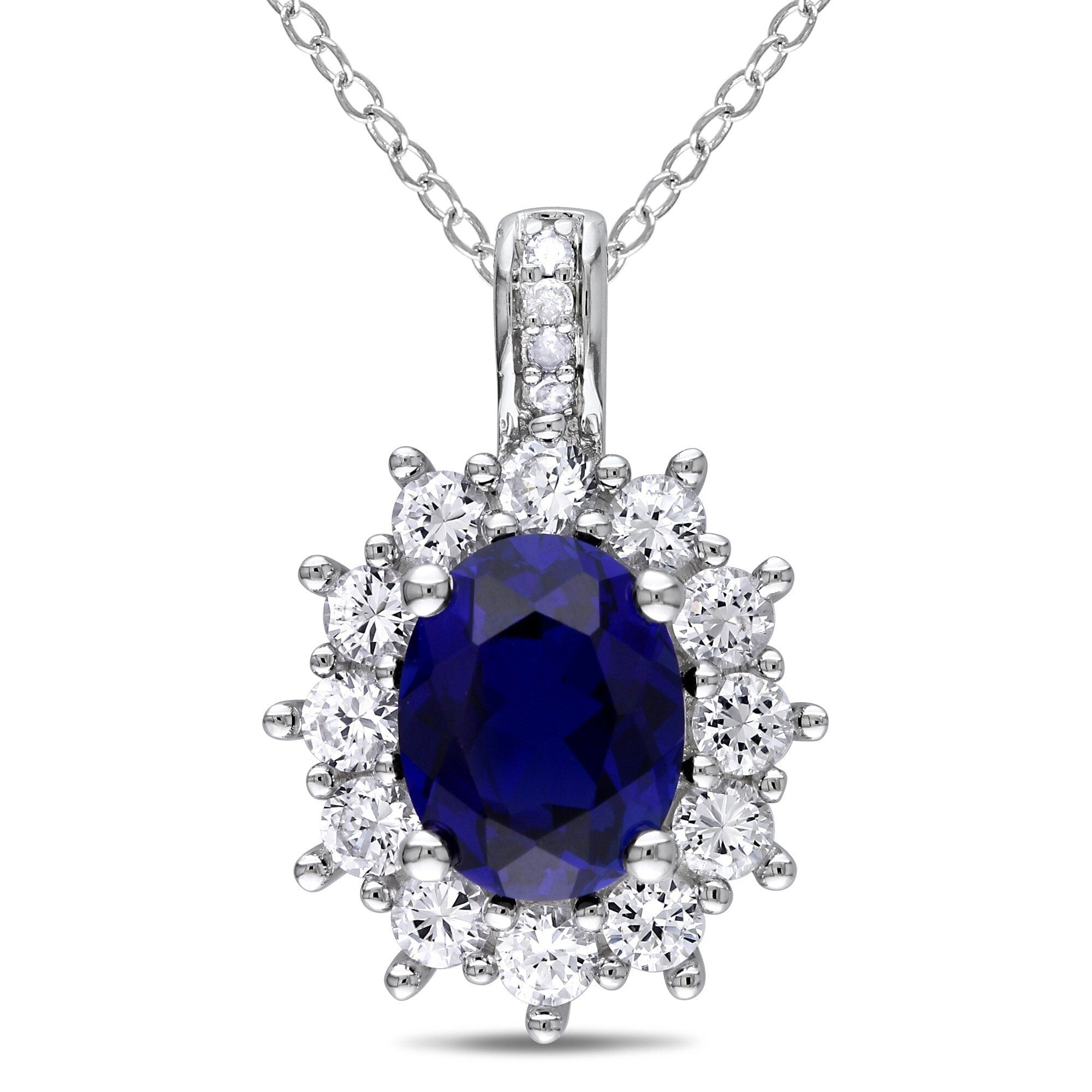 Miadora Sterling Silver Created Blue And White Sapphires And Diamond Accent Halo Necklace G H I2 I3