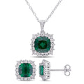 Miadora Sterling Silver Created Emerald Created White Sapphire And Diamond Square Halo Necklace And Stud Earrings Set Green