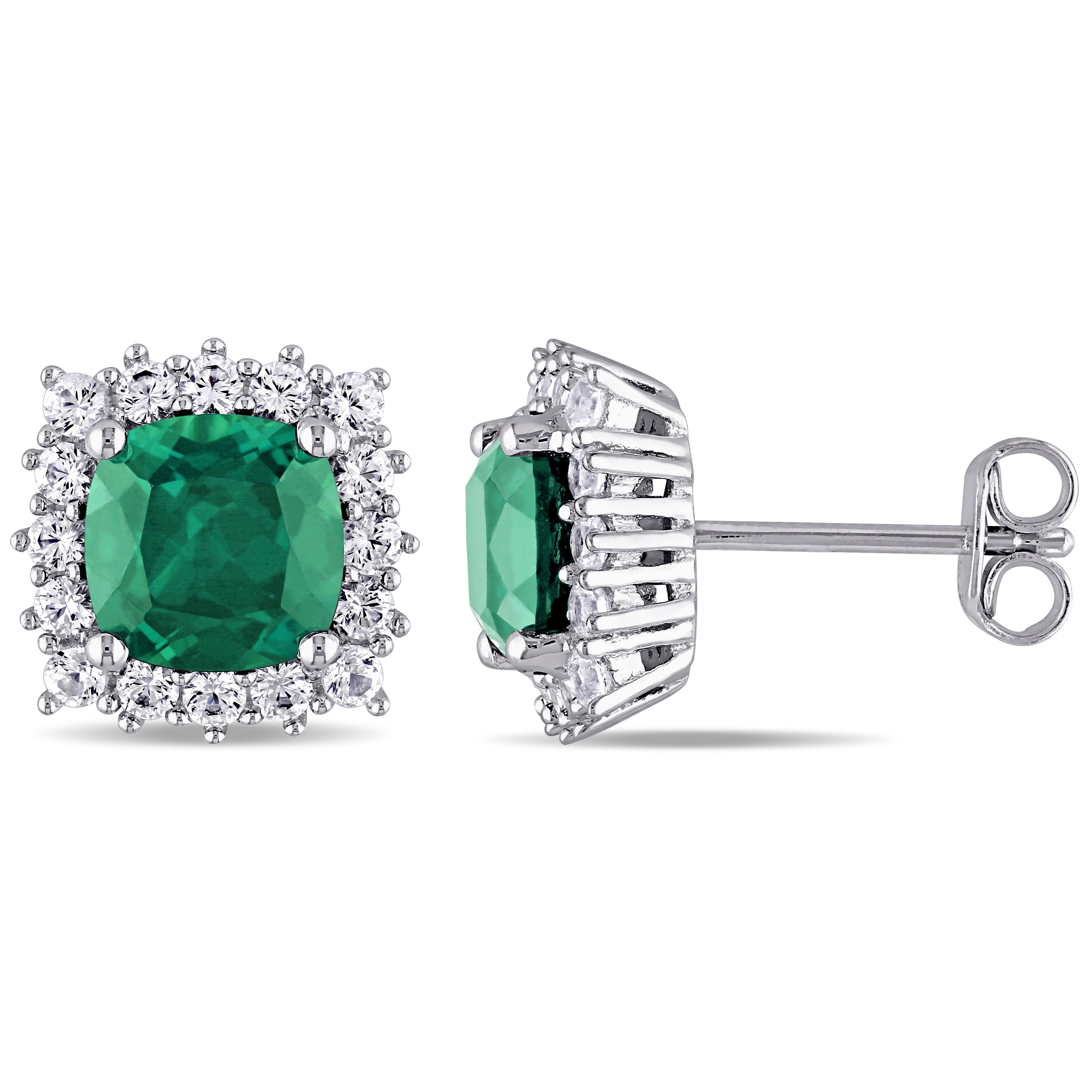 Miadora Sterling Silver Created Emerald And Created White Sapphire Halo Stud Earrings Green