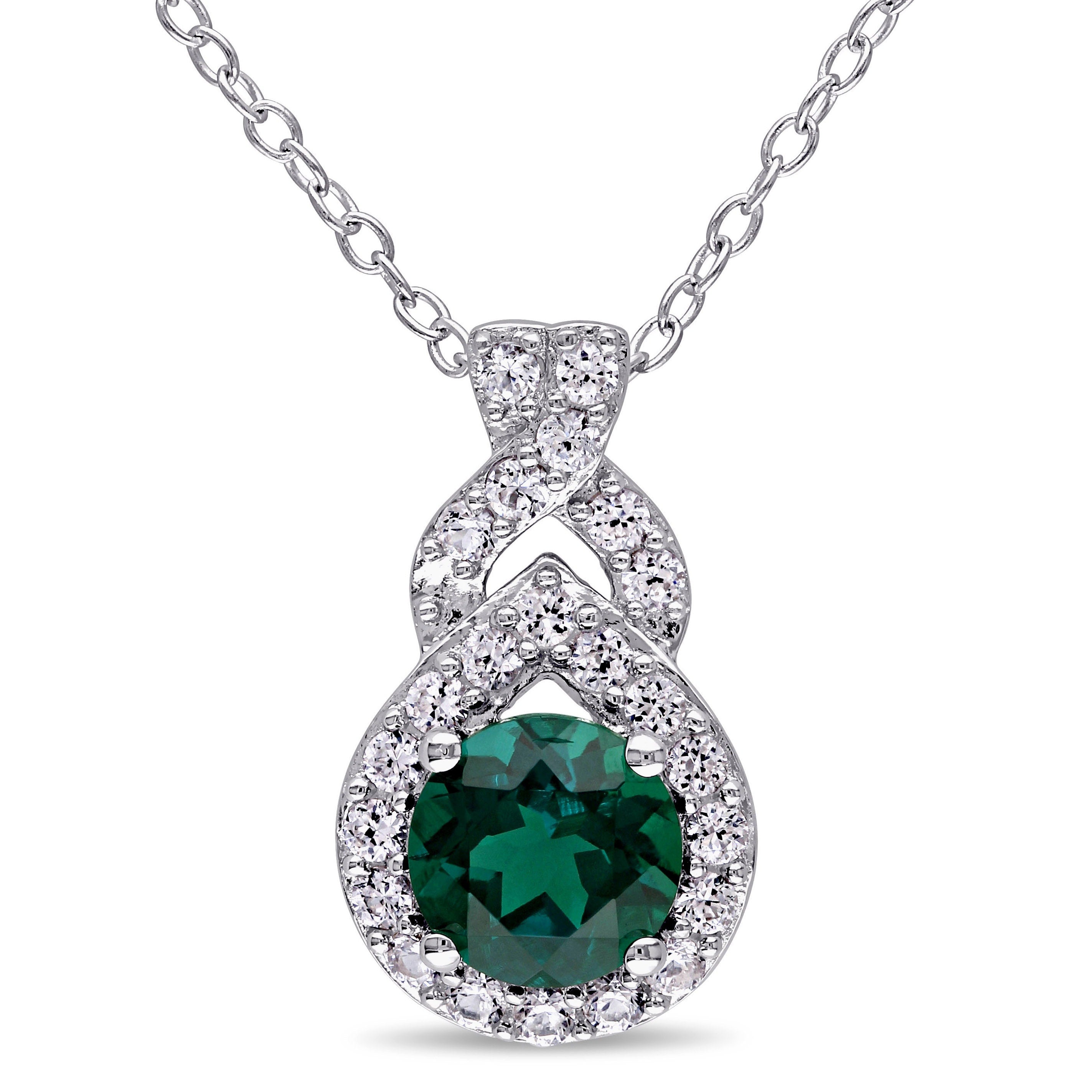 Miadora Sterling Silver Created Emerald And White Sapphire Drop Necklace