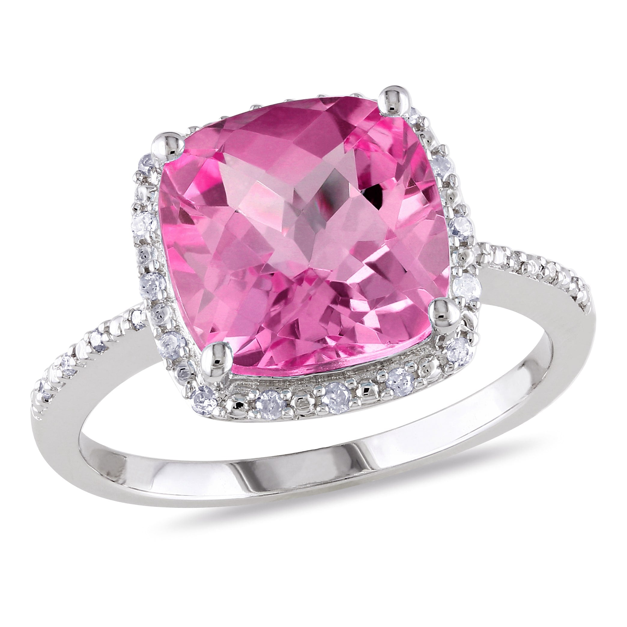 Miadora Sterling Silver Cushion Cut Created Pink Sapphire And 1 10Ct Tdw Diamond Cocktail Halo Ring