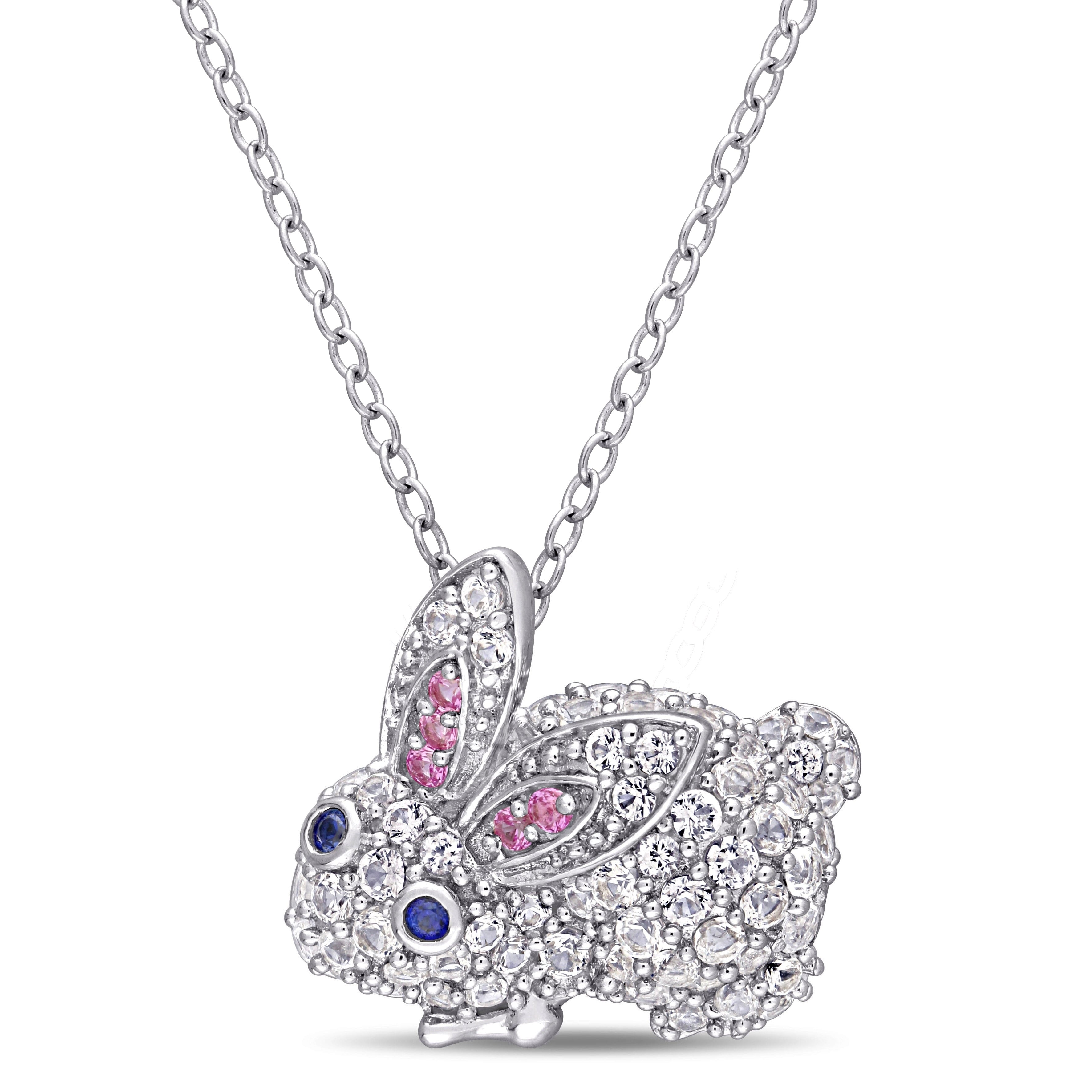 Miadora Sterling Silver Created Pink And Blue And White Sapphire Bunny Rabbit Necklace