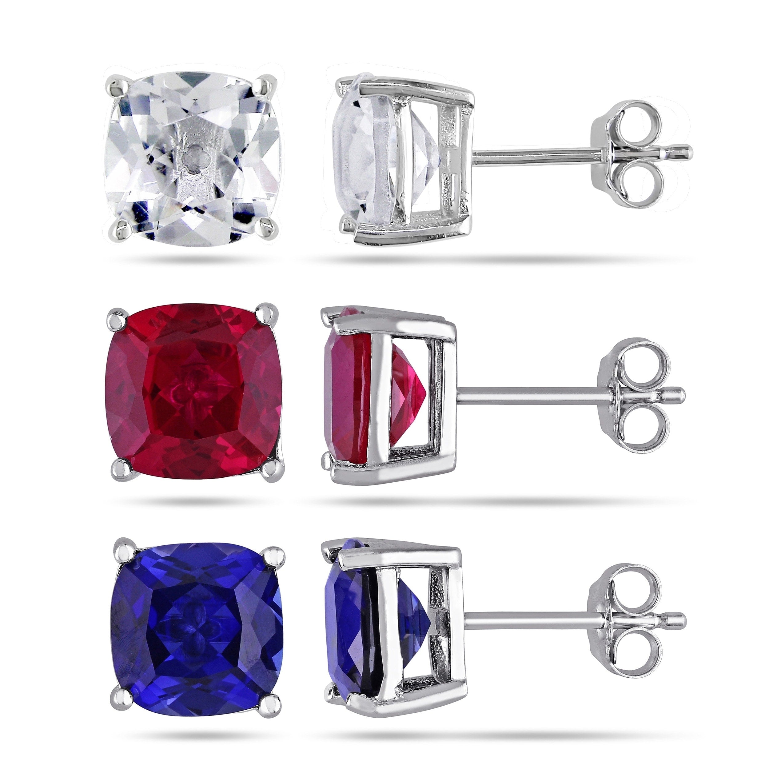 Miadora Sterling Silver Created Ruby Created Blue White Sapphire Solitaire Stud Earring Set