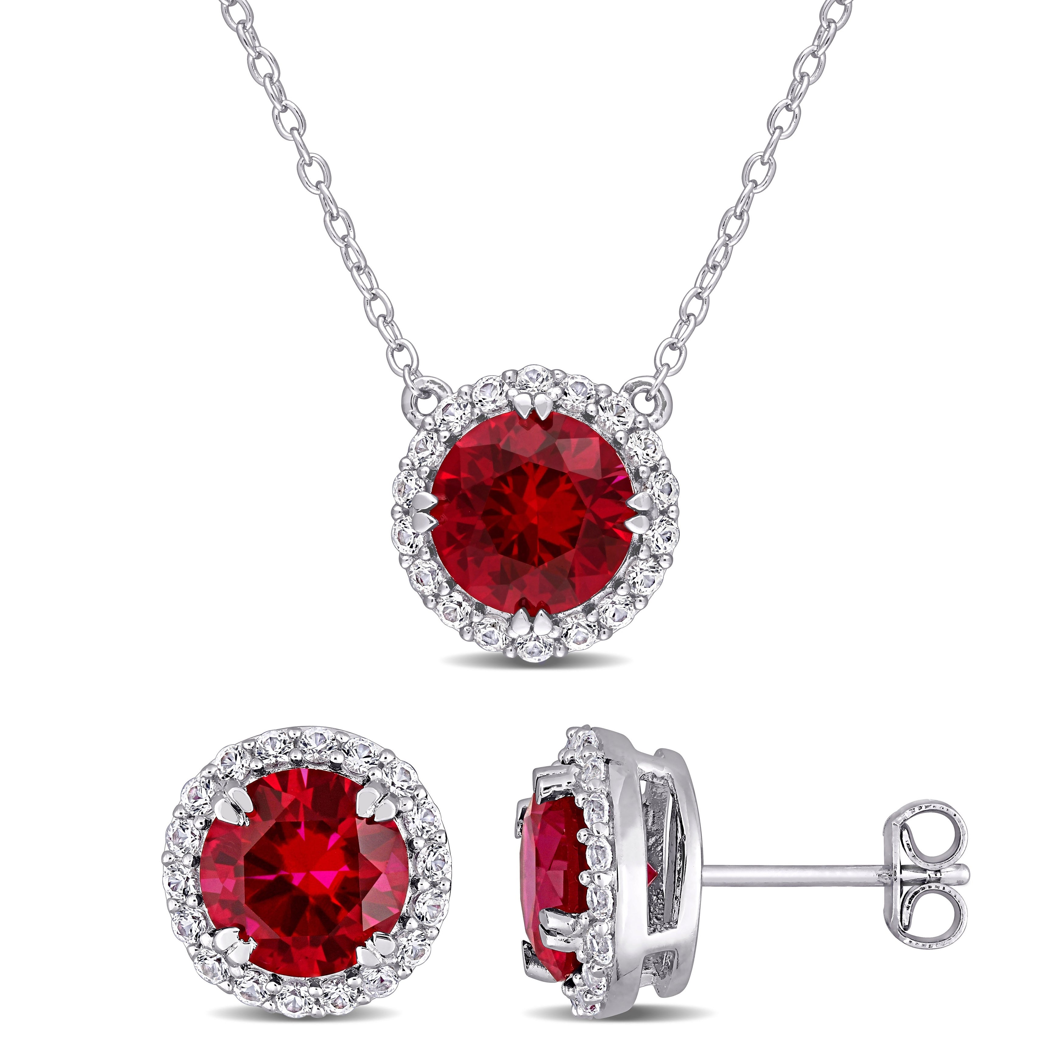 Miadora Sterling Silver Created Ruby Created White Sapphire Necklace Earrings Jewelry Set