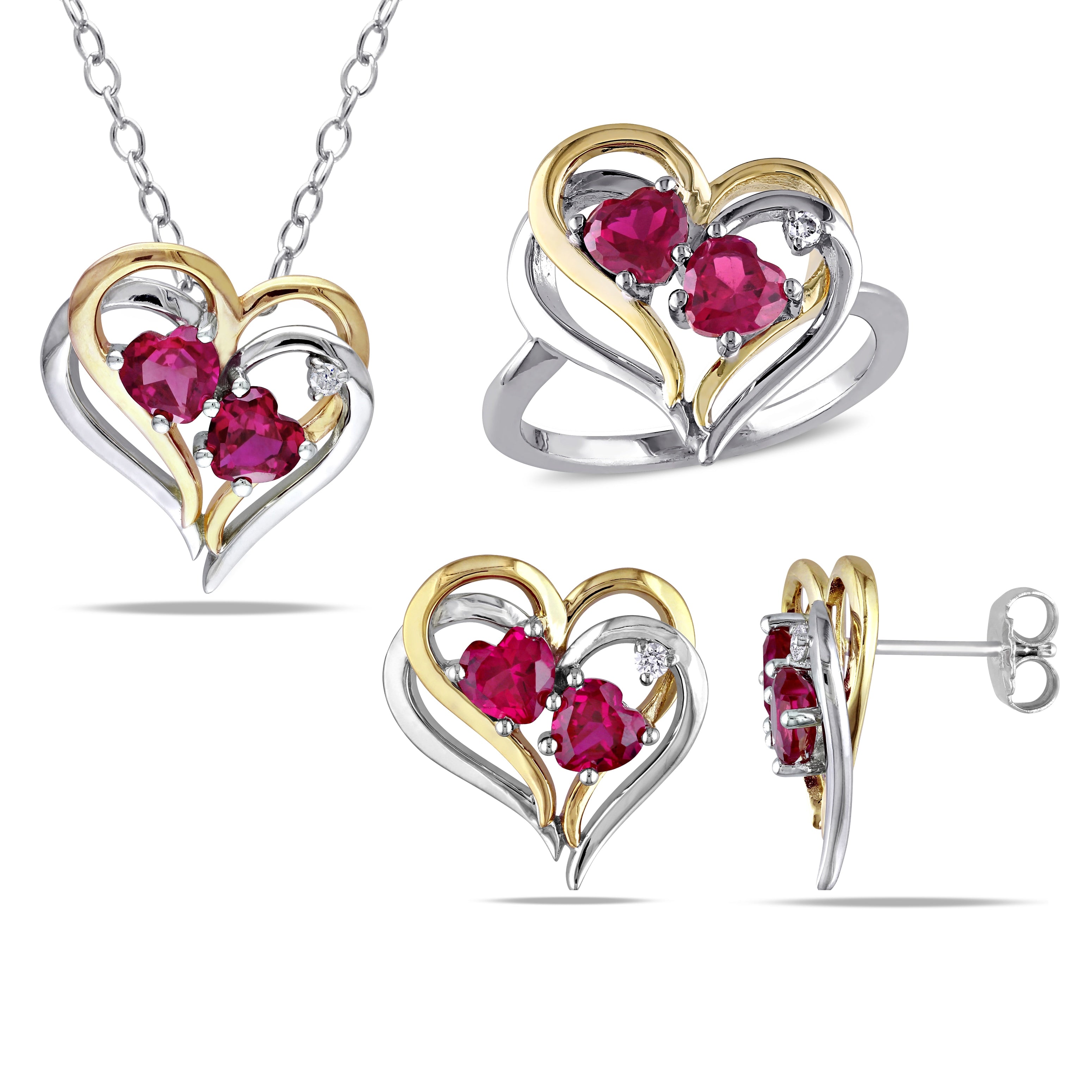Miadora Sterling Silver Created Ruby And 1 10Ct Tdw Diamond Heart Earrings Ring And Necklace Set G Red