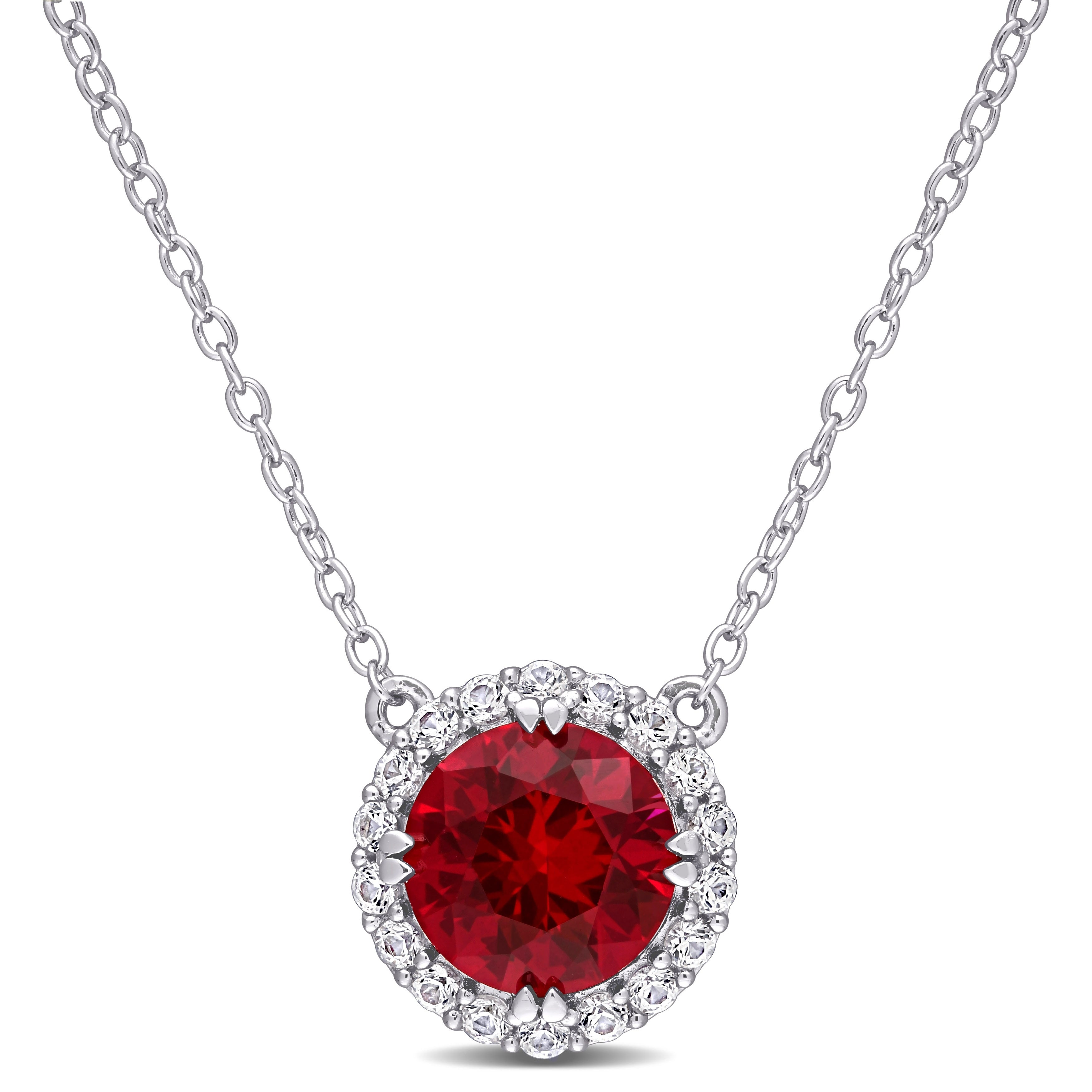 Miadora Sterling Silver Created Ruby And Created White Sapphire Halo Stationed Birthstone Necklace 11.2 Mm X 18 Inch X 11.2 Mm
