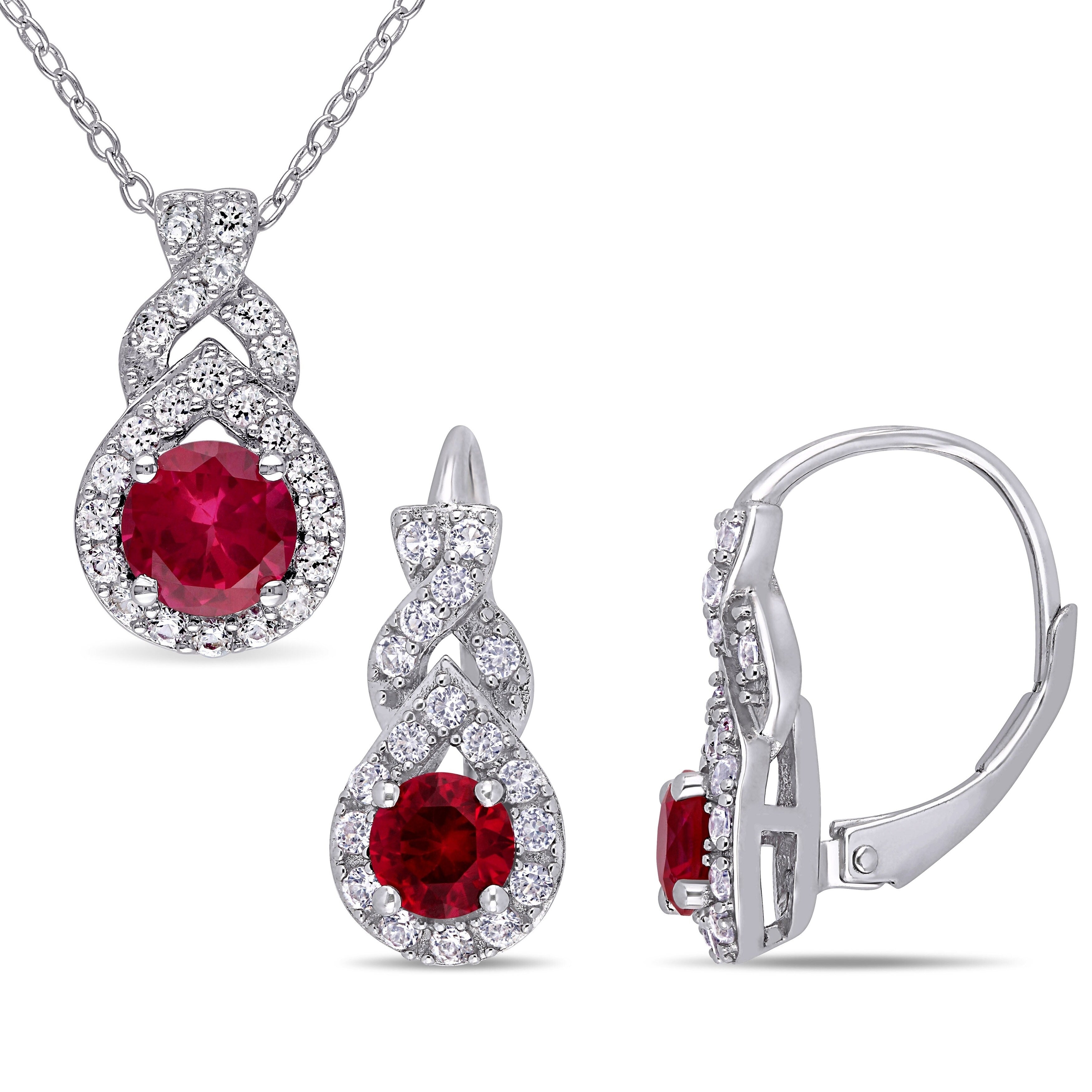 Miadora Sterling Silver Created Ruby And Created White Sapphire Teardrop Necklace And Earrings Set