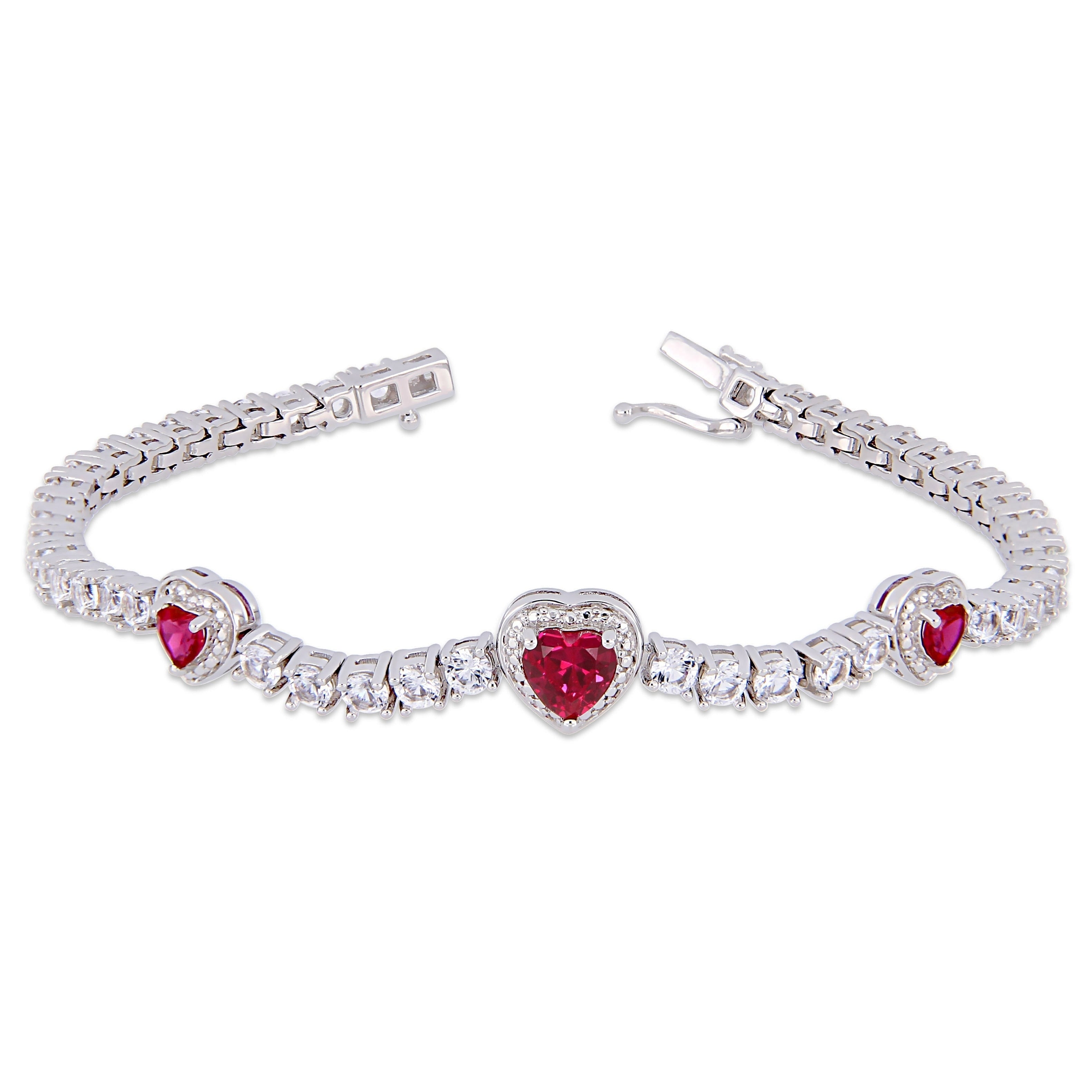 Miadora Sterling Silver Created Ruby And Created White Sapphire Triple Heart Tennis Bracelet