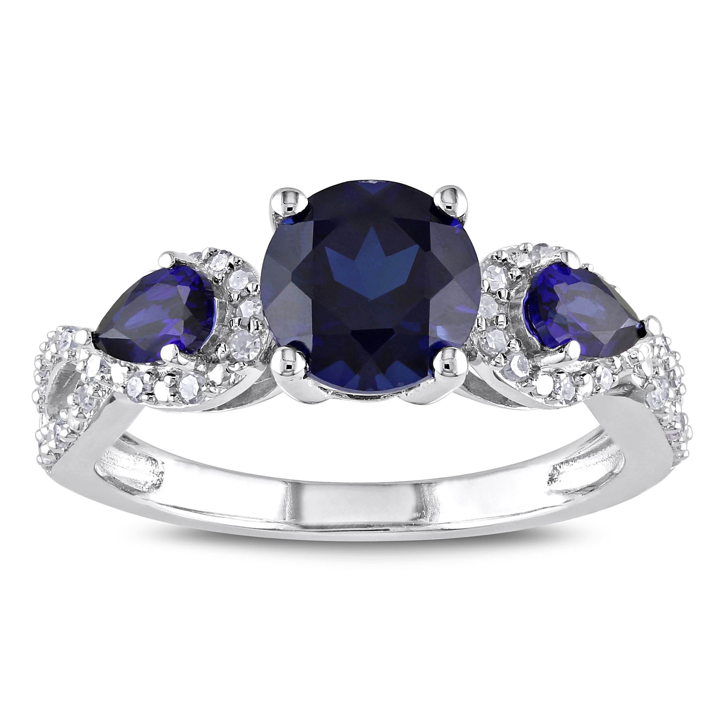 Miadora Sterling Silver Created Sapphire And 1 6Ct Tdw Diamond 3 Stone Crossover Ring