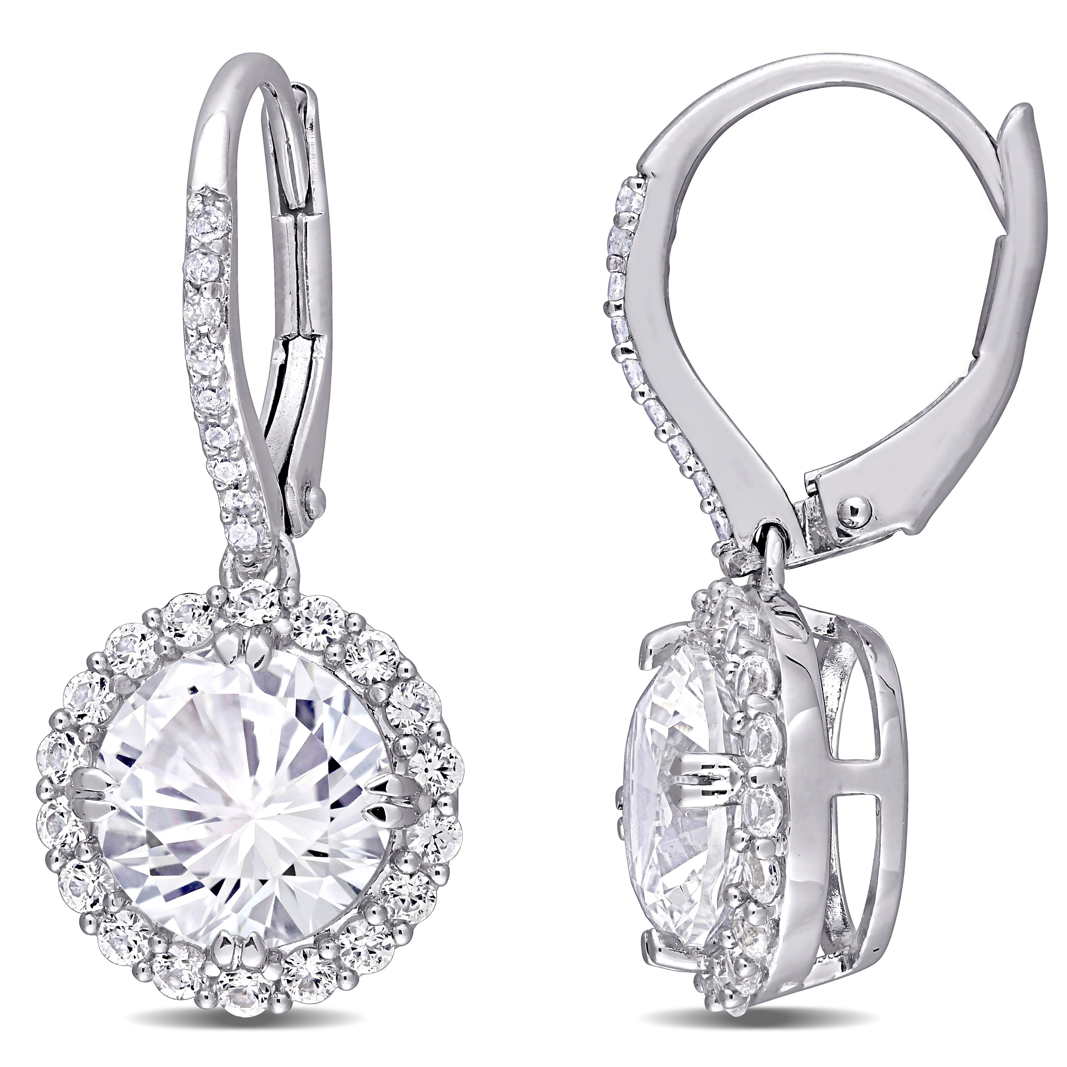 Miadora Sterling Silver Created White Sapphire And 1 10Ct Tdw Diamond Halo Leverback Earrings