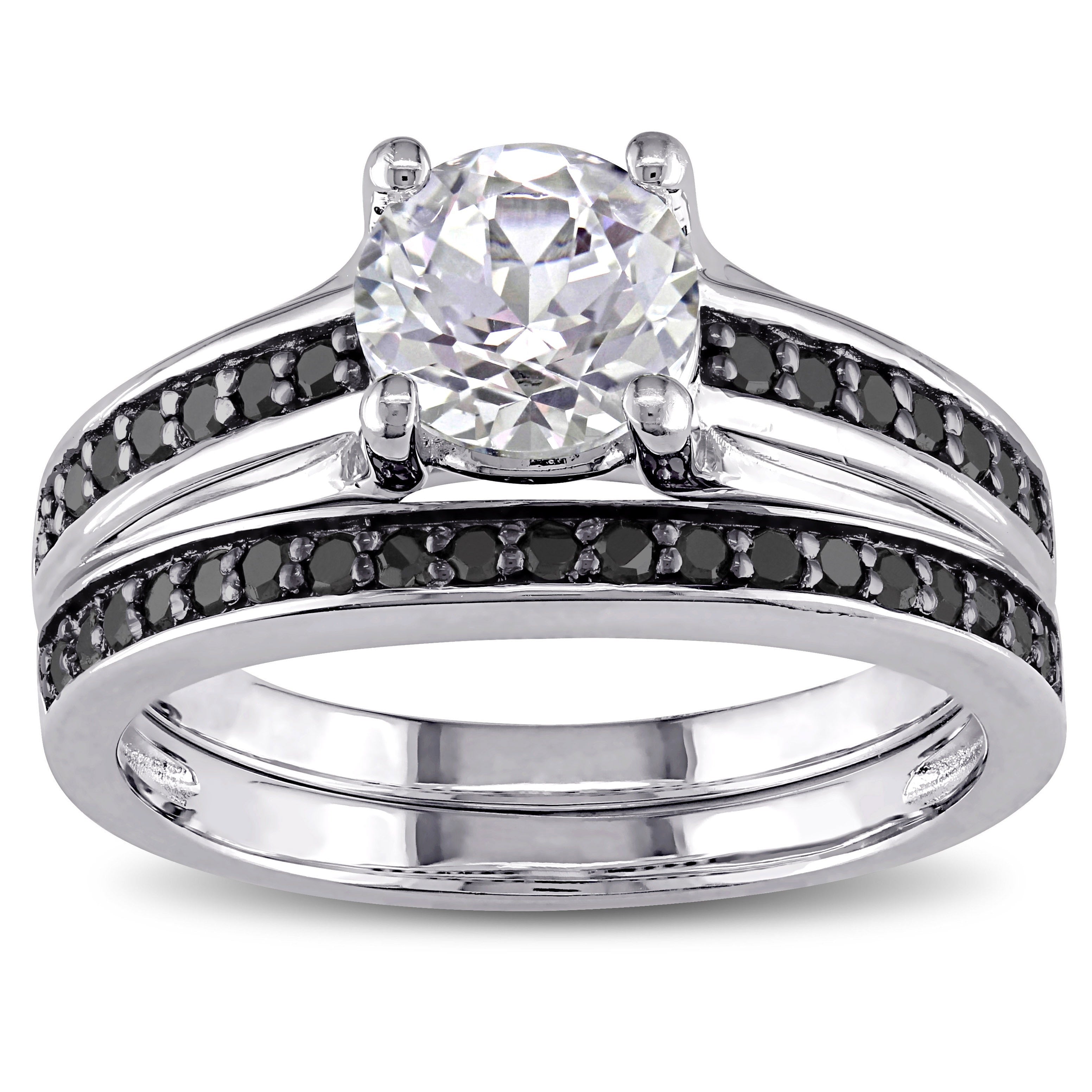 Miadora Sterling Silver Created White Sapphire And 1 3Ct Tdw Black Diamond Bridal Ring Set