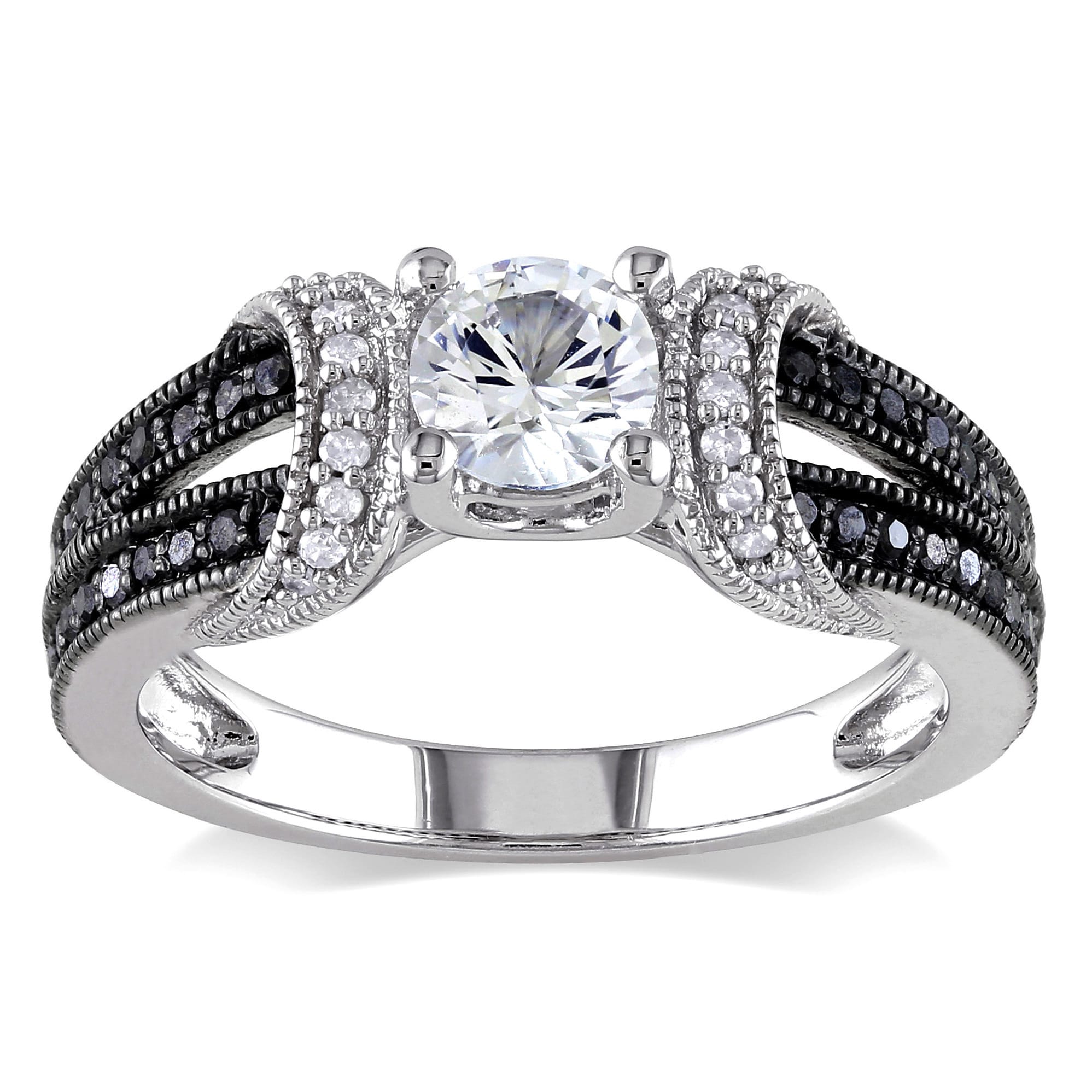 Miadora Sterling Silver Created White Sapphire And 1 4Ct Tdw Black And White Diamond Split Shank Eng
