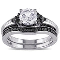 Miadora Sterling Silver Created White Sapphire And 3 5Ct Tdw Black Diamond Bridal Ring Set