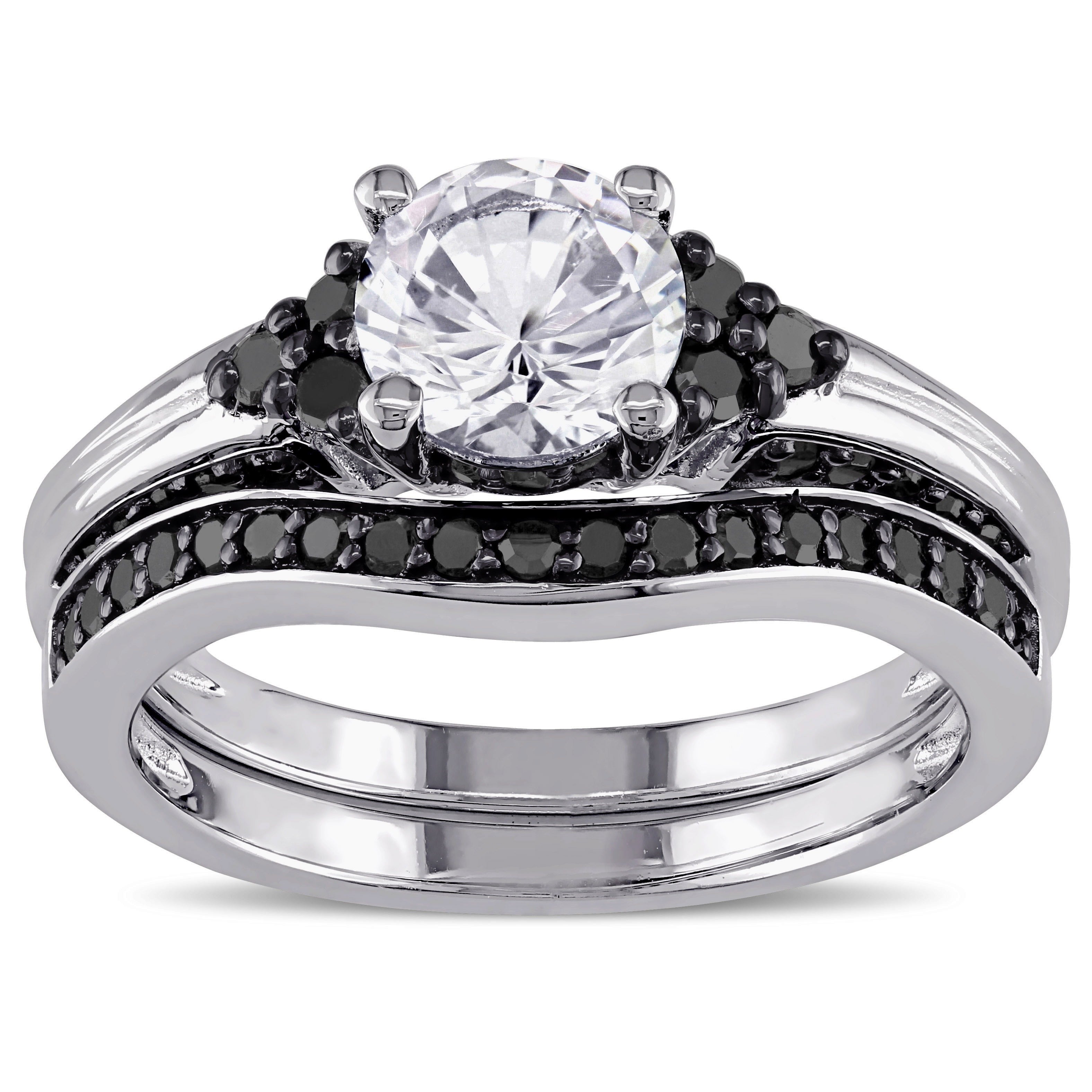 Miadora Sterling Silver Created White Sapphire And 3 5Ct Tdw Black Diamond Bridal Ring Set