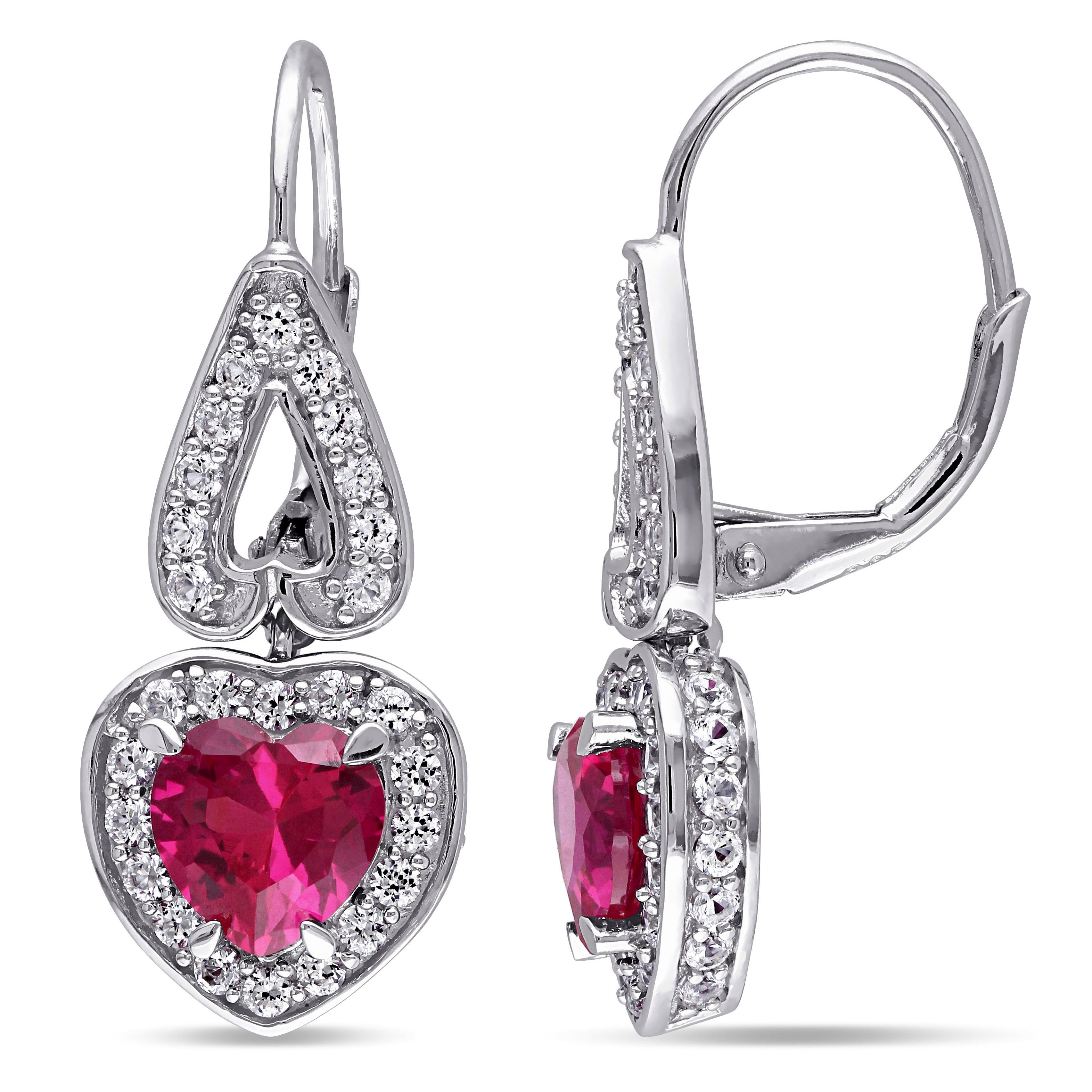 Miadora Sterling Silver Created White Sapphire And Created Ruby Heart Dangle Earrings Red
