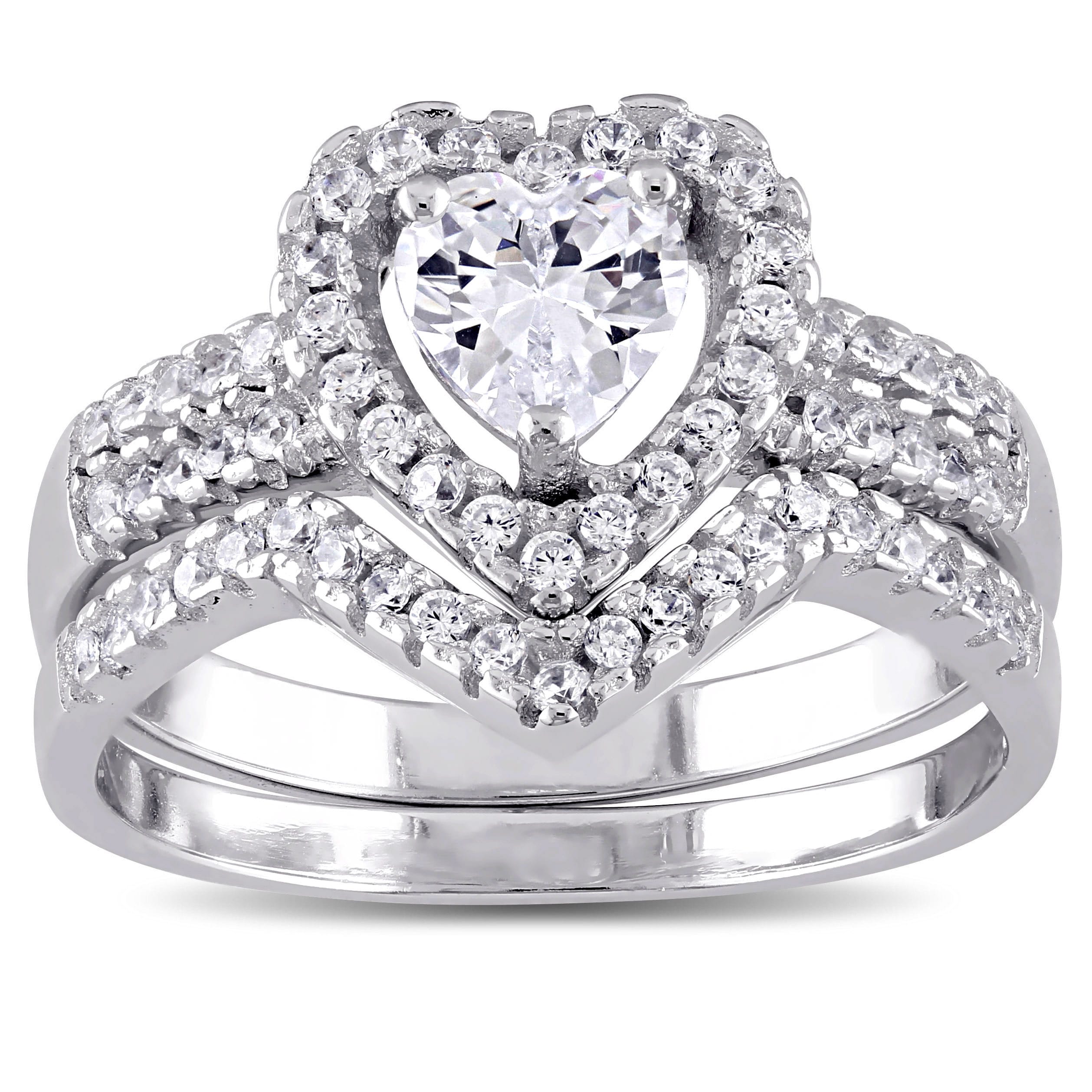 Miadora Sterling Silver Cubic Zirconia Bridal Heart Halo Wedding Ring Set White
