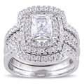 Miadora Sterling Silver Cubic Zirconia Halo Bridal Wedding Ring Set White