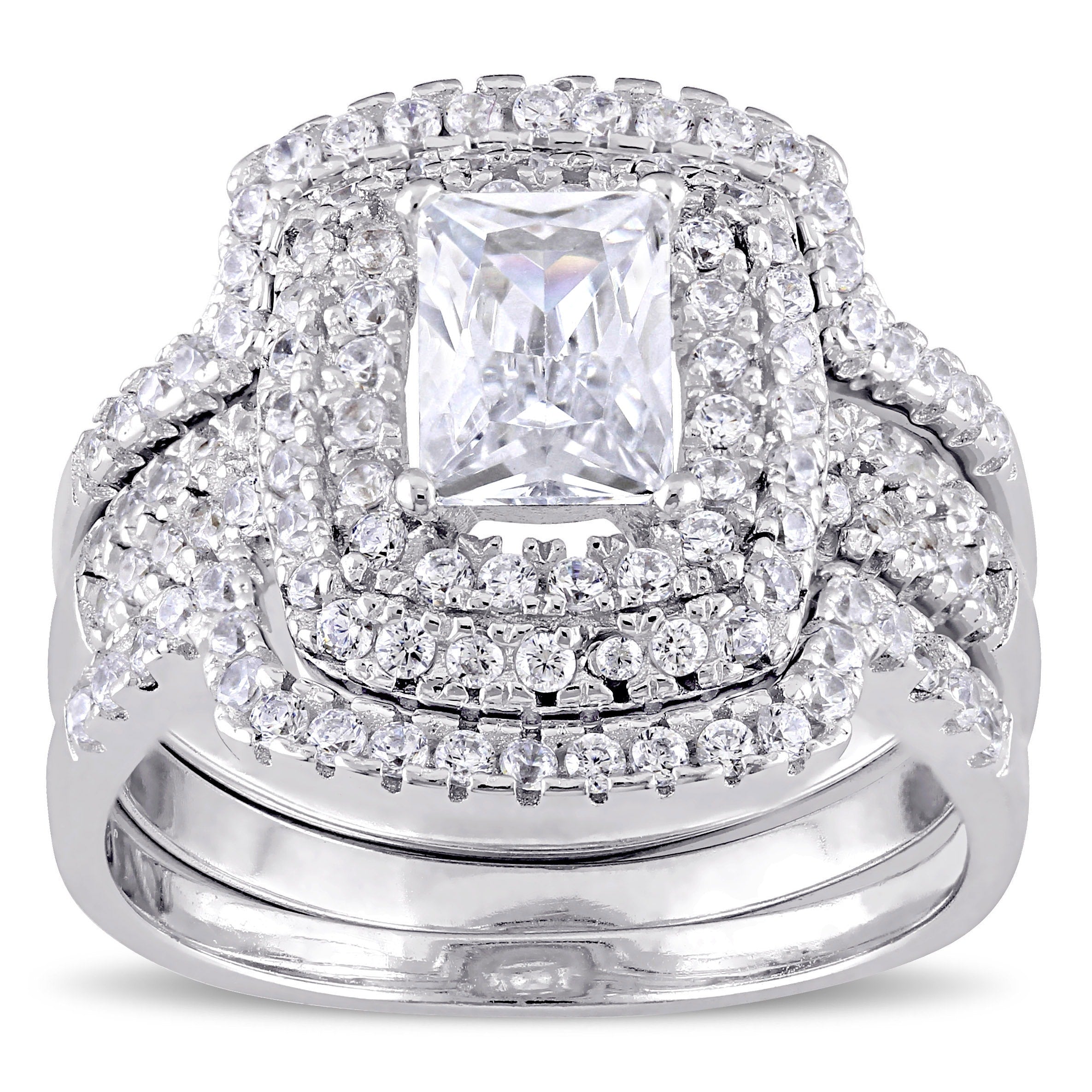 Miadora Sterling Silver Cubic Zirconia Halo Bridal Wedding Ring Set White