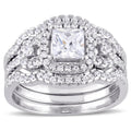 Miadora Sterling Silver Cubic Zirconia 3 Stone Halo Bridal Ring Set White