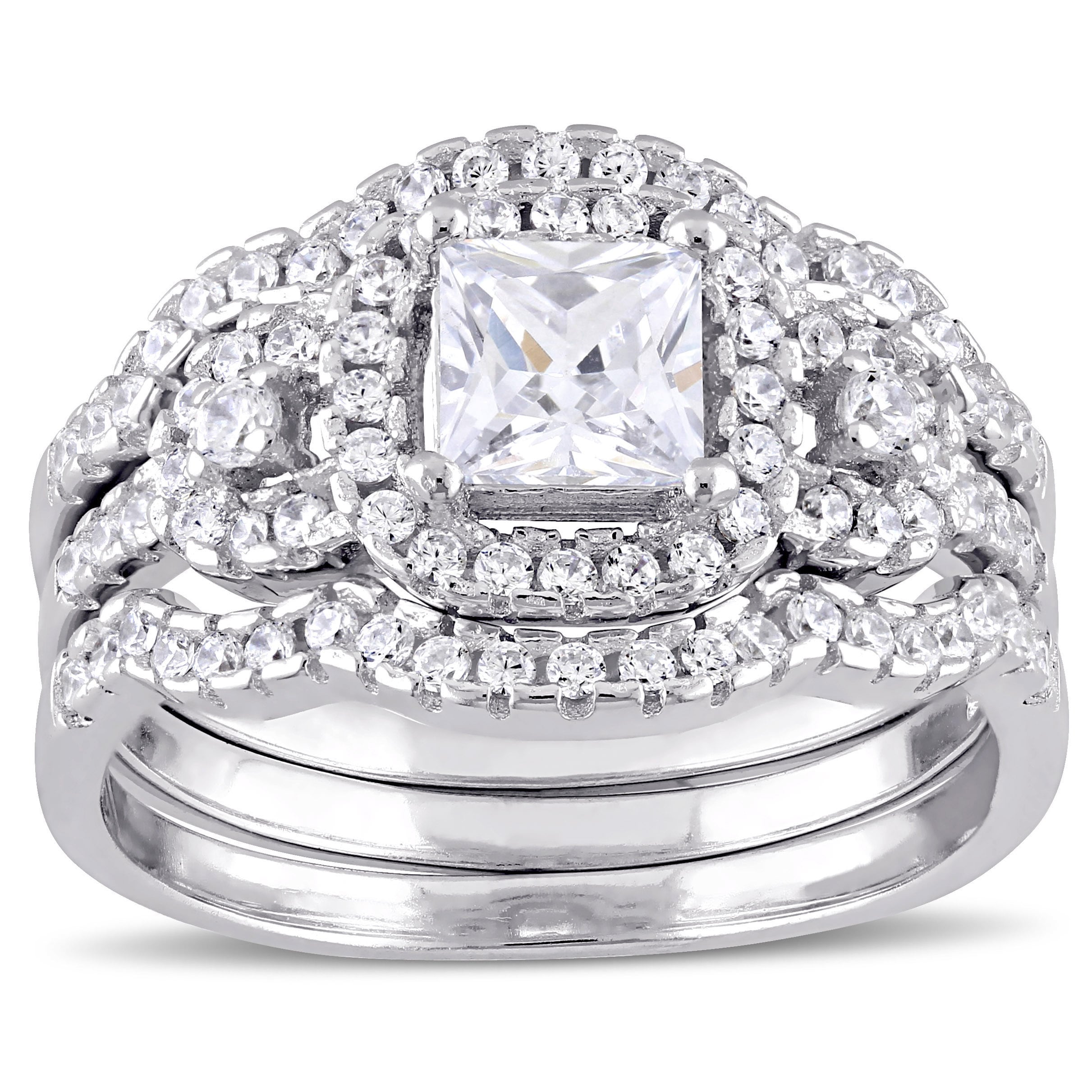 Miadora Sterling Silver Cubic Zirconia 3 Stone Halo Bridal Ring Set White
