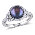 Miadora Sterling Silver Cultured Black Pearl And Cubic Zirconia Ring 8.5 9 Mm
