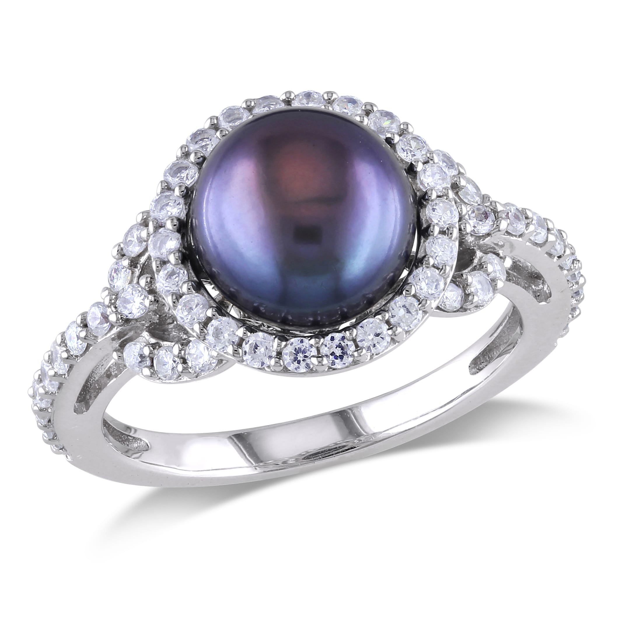 Miadora Sterling Silver Cultured Black Pearl And Cubic Zirconia Ring 8.5 9 Mm