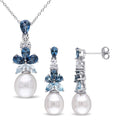Miadora Sterling Silver Cultured Fw Pearl Blue And White Topaz Jewelry Drop Set 8 10 Mm