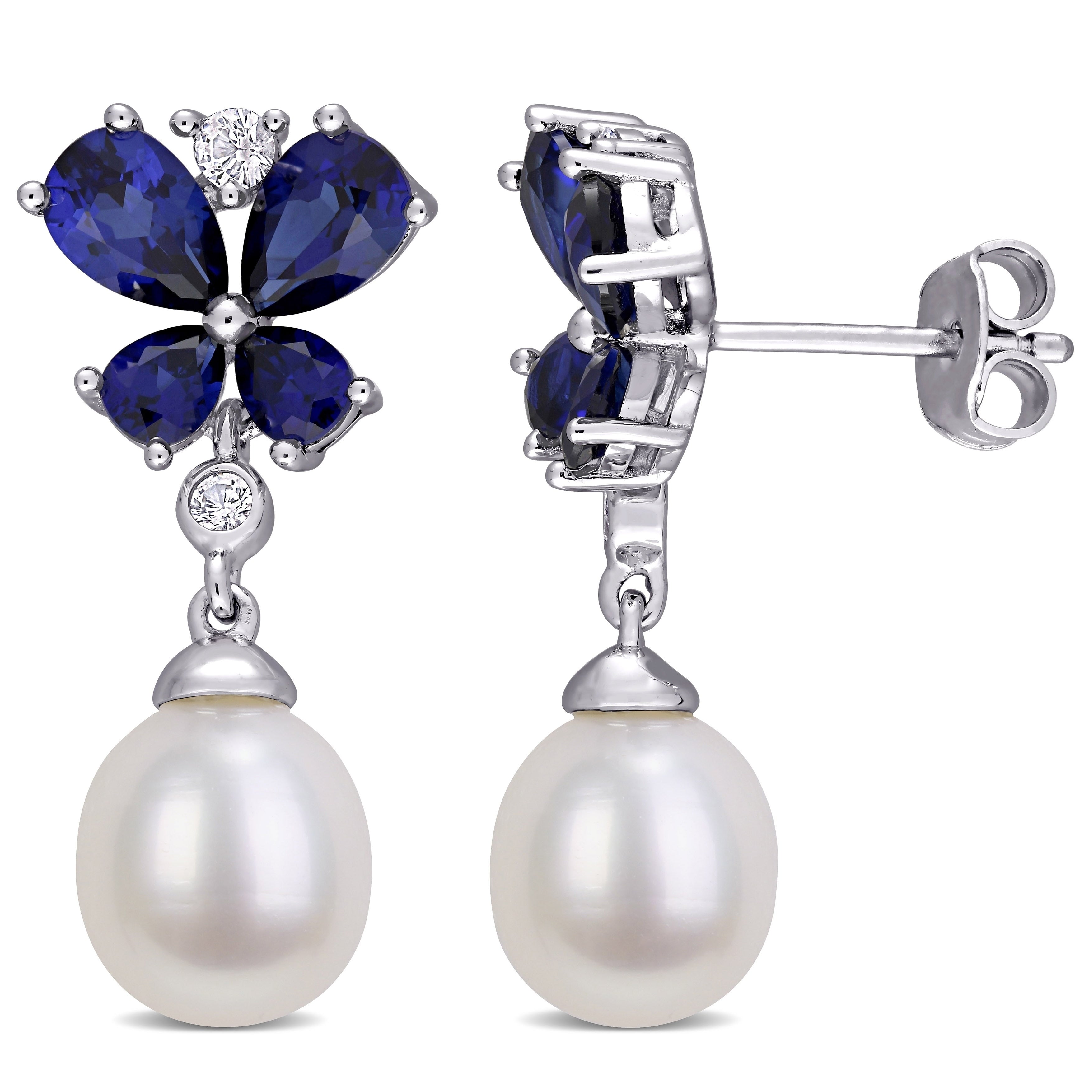 Miadora Sterling Silver Cultured Fw Pearl Created Sapphire Butterfly Drop Earrings 8 8.5 Mm