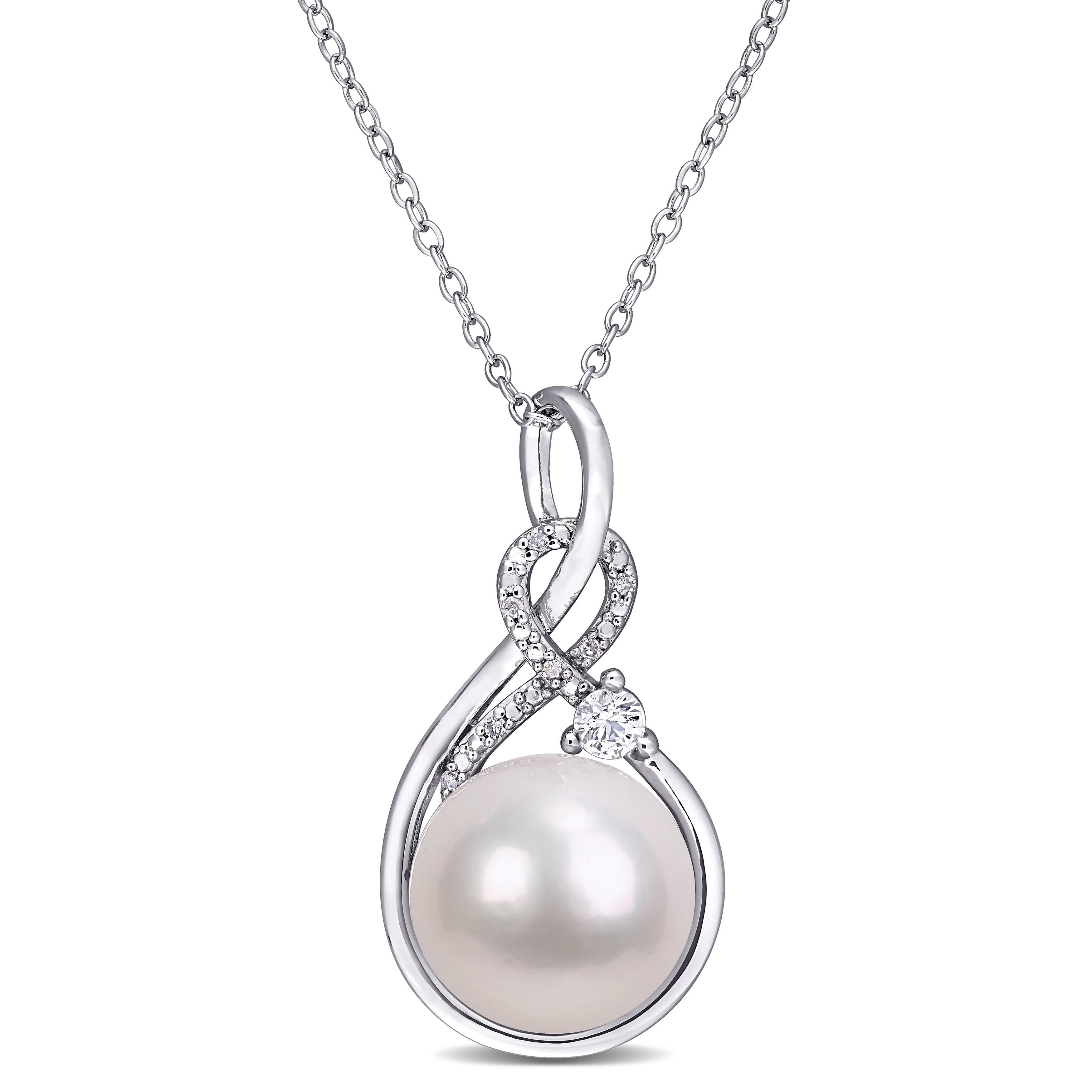Miadora Sterling Silver Cultured Fw Pearl Diamond Created White Sapphire Drop Necklace 11 12 Mm