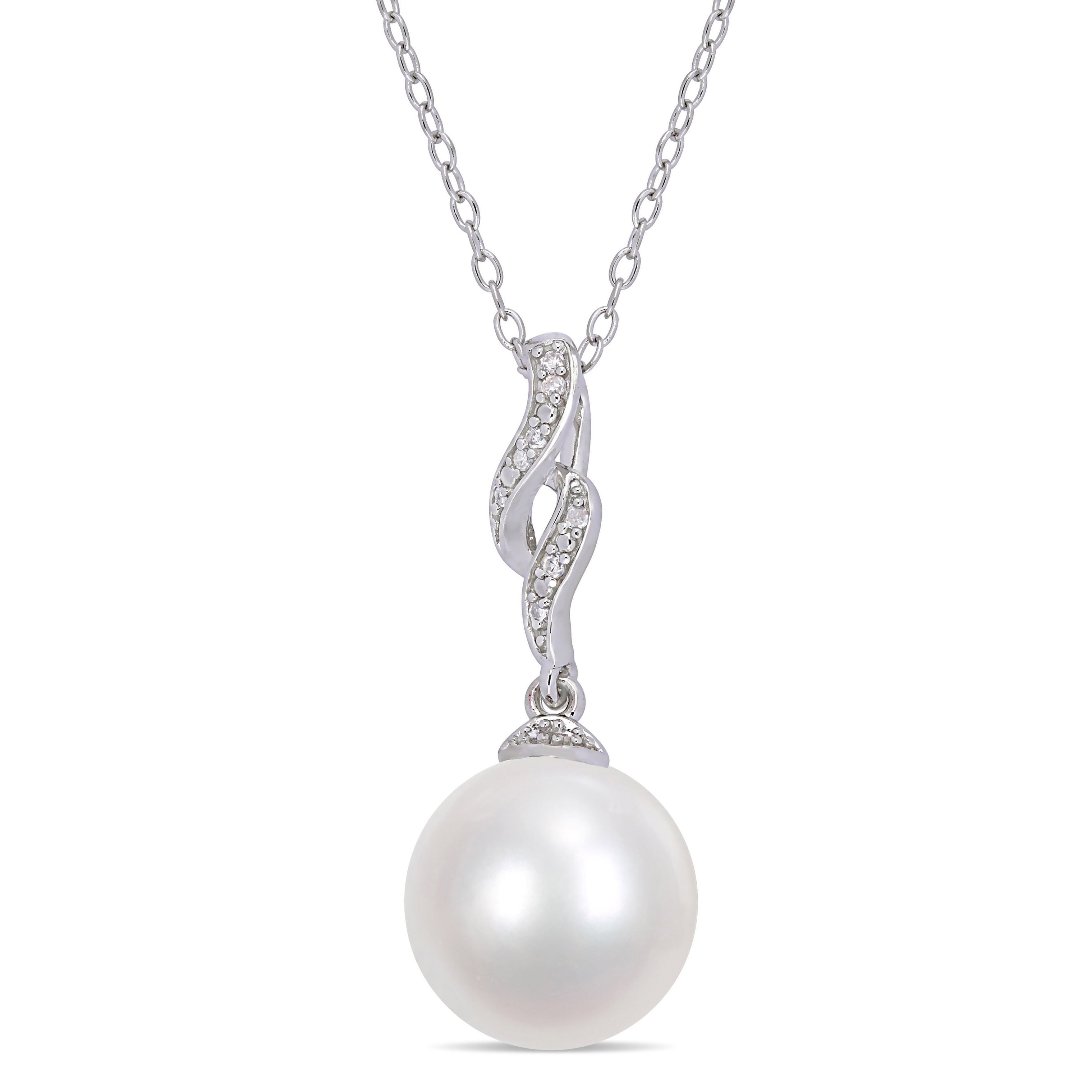 Miadora Sterling Silver Cultured Fw Pearl Diamond Interlaced Drop Necklace 11 12Mm