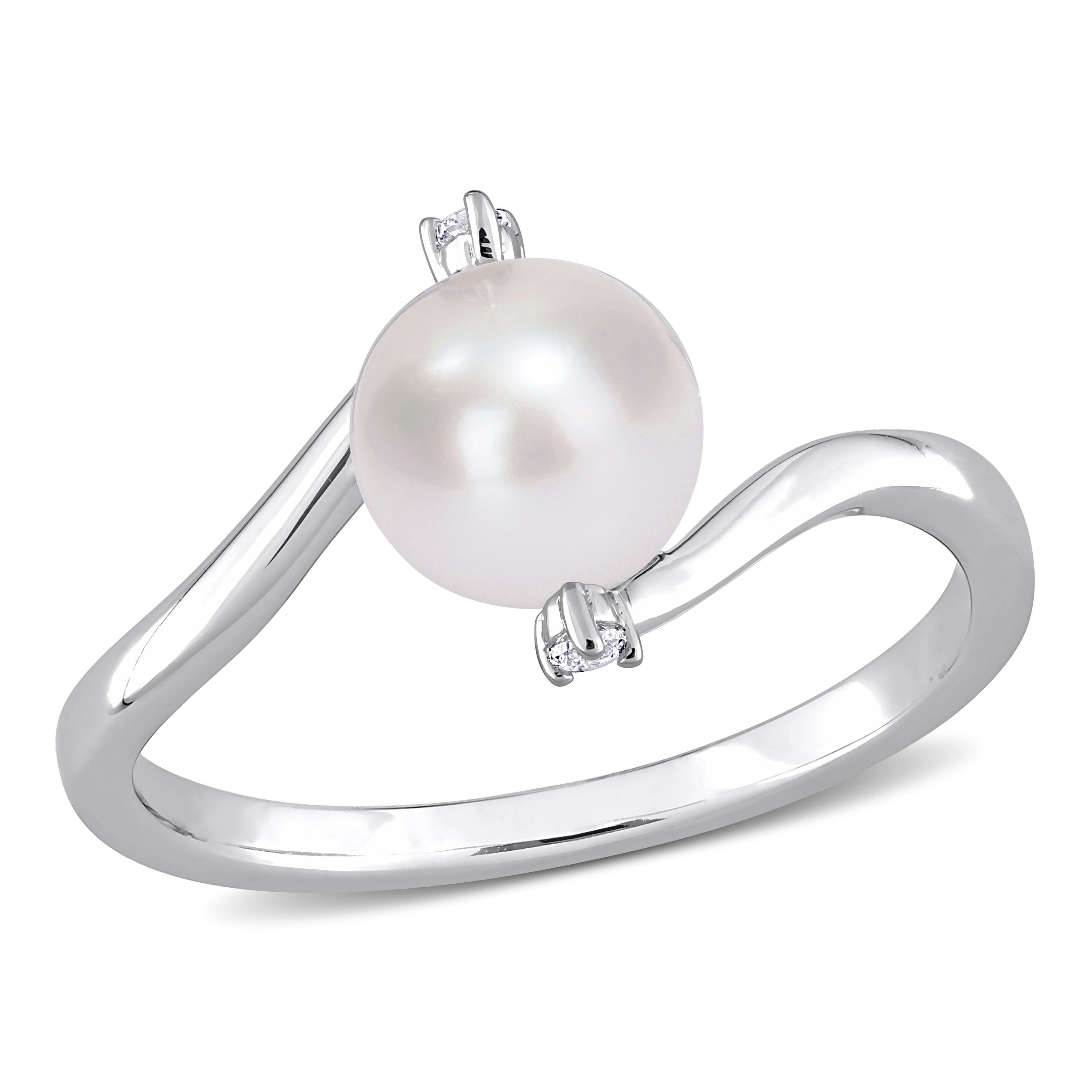 Miadora Sterling Silver Cultured Fw Pearl Created White Sapphire 3 Stone Bypass Ring 7 7.5Mm