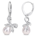 Miadora Sterling Silver Cultured Fw Pearl Diamond Accent Bow Leverback Drop Earrings 7.5 8Mm