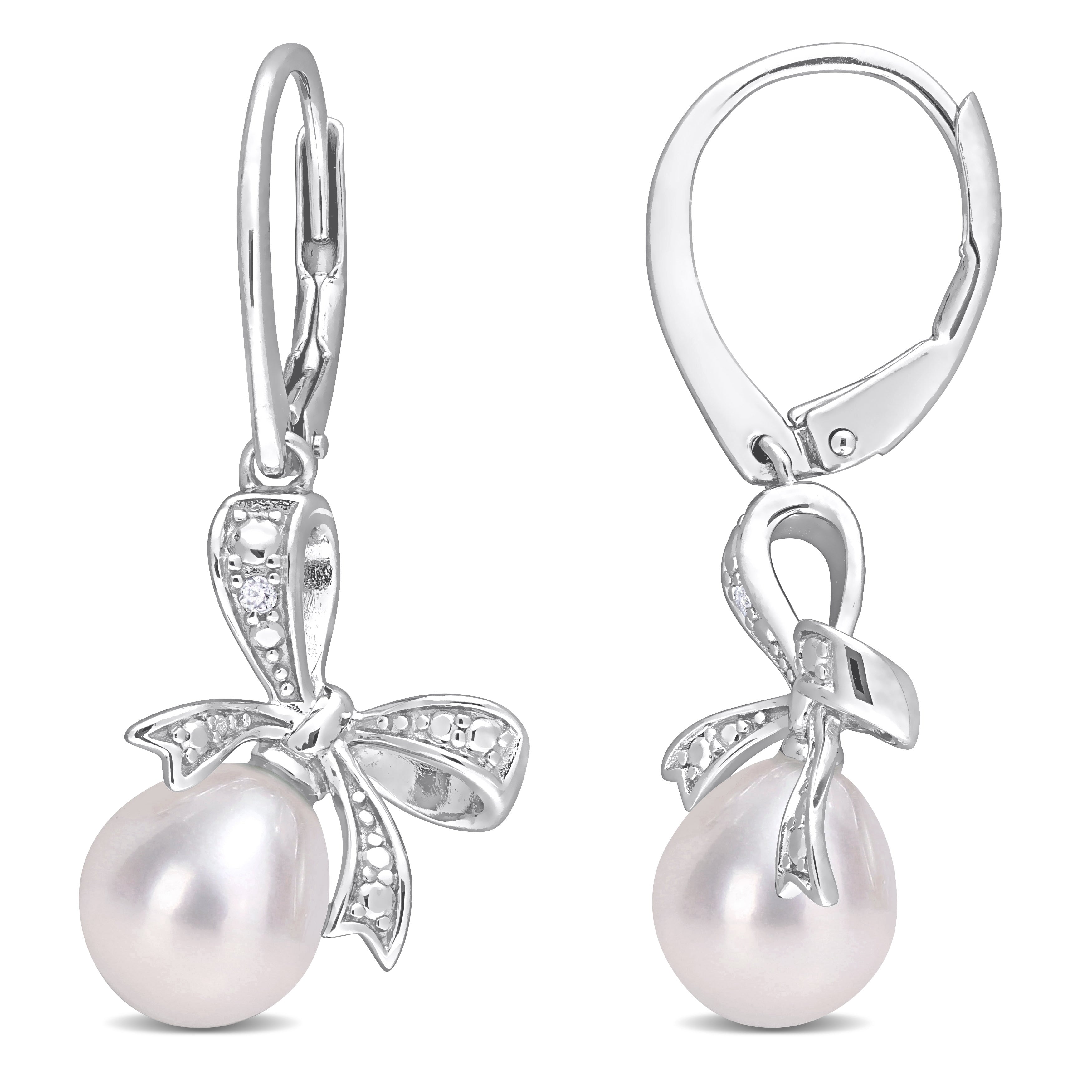 Miadora Sterling Silver Cultured Fw Pearl Diamond Accent Bow Leverback Drop Earrings 7.5 8Mm