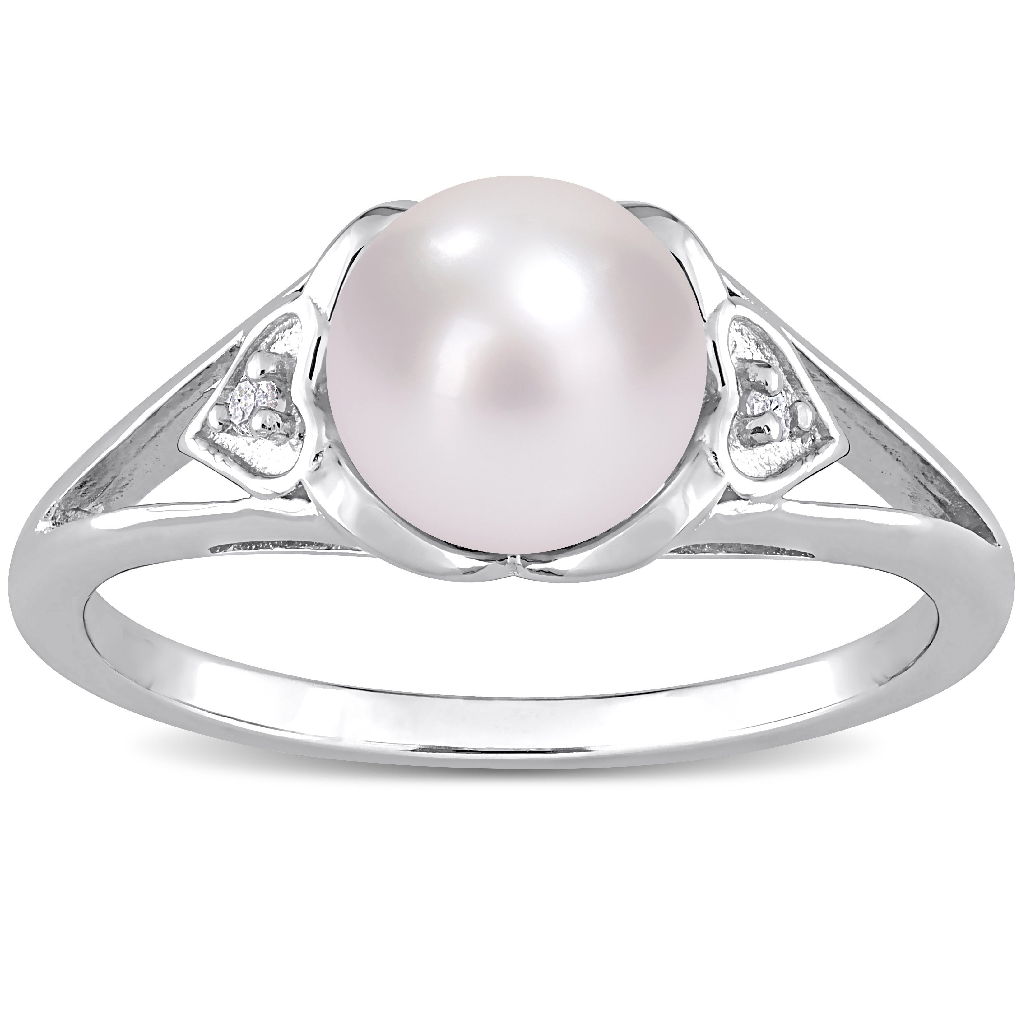 Miadora Sterling Silver Cultured Fw Pearl Diamond Accent Solitaire Split Shank Ring 7 7.5Mm