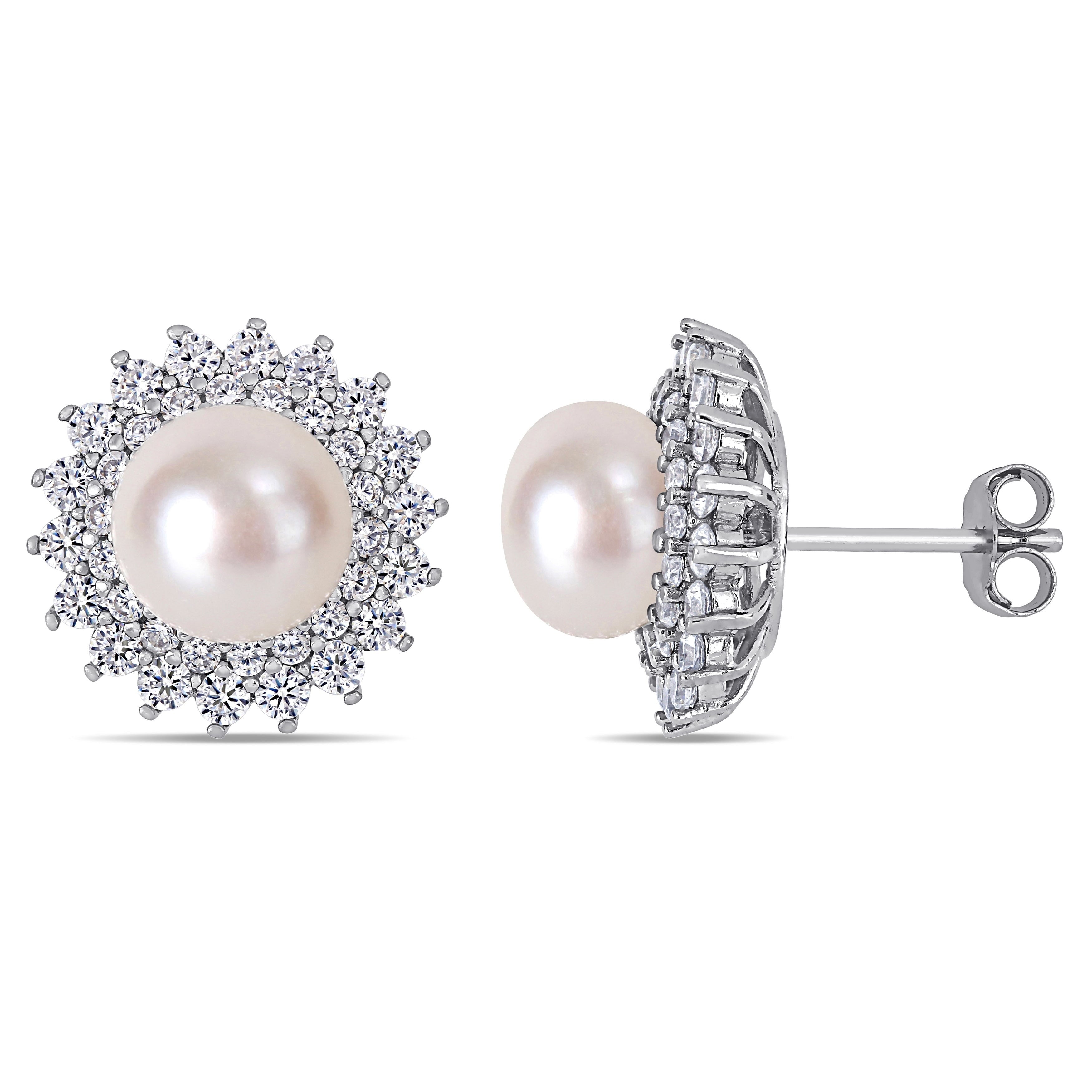 Miadora Sterling Silver Cultured Fw Pearl And Cz Floral Halo Stud Earrings 8 9 Mm