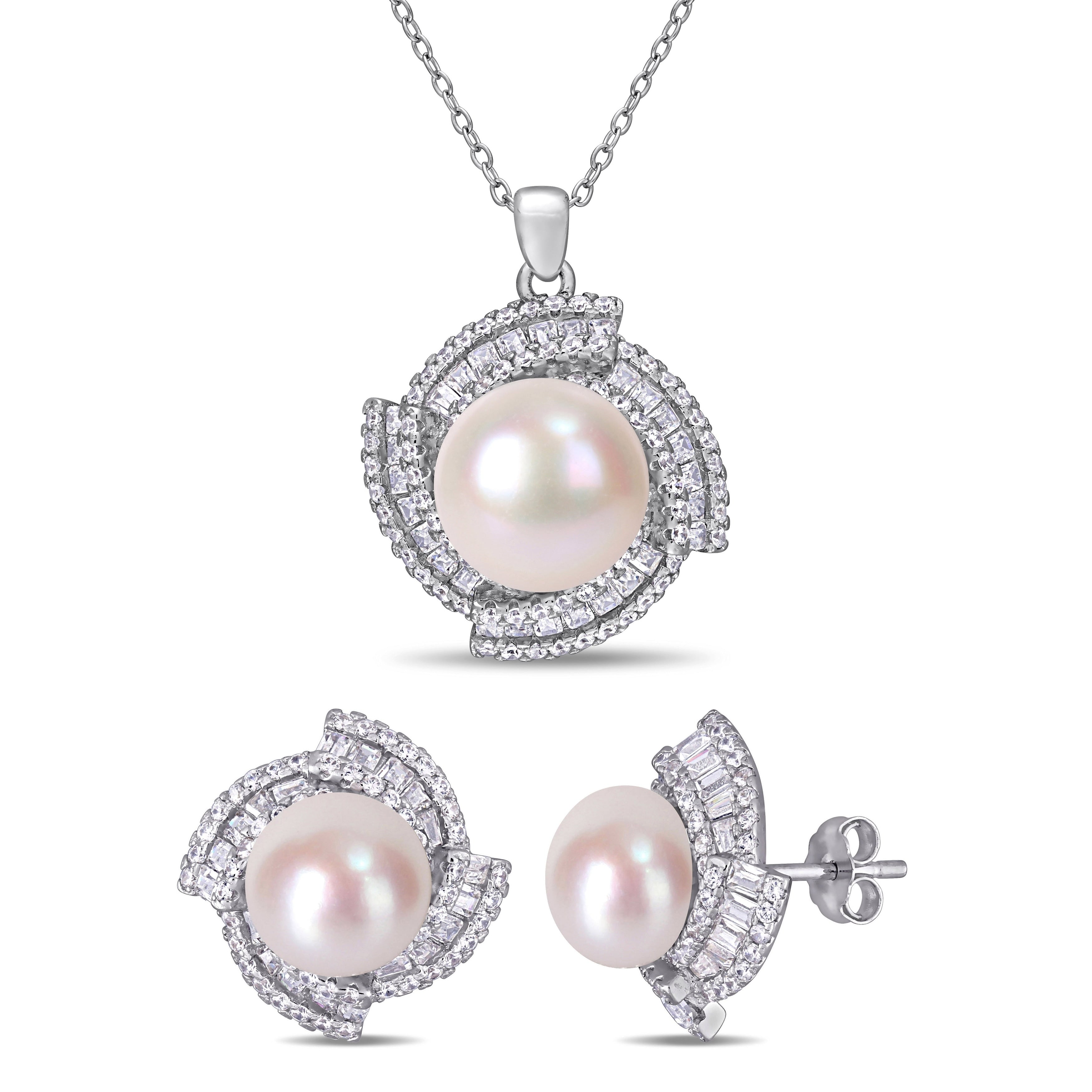 Miadora Sterling Silver Cultured Fw Pearl And Cz Swirl Halo Necklace 9.5 12.5 Mm