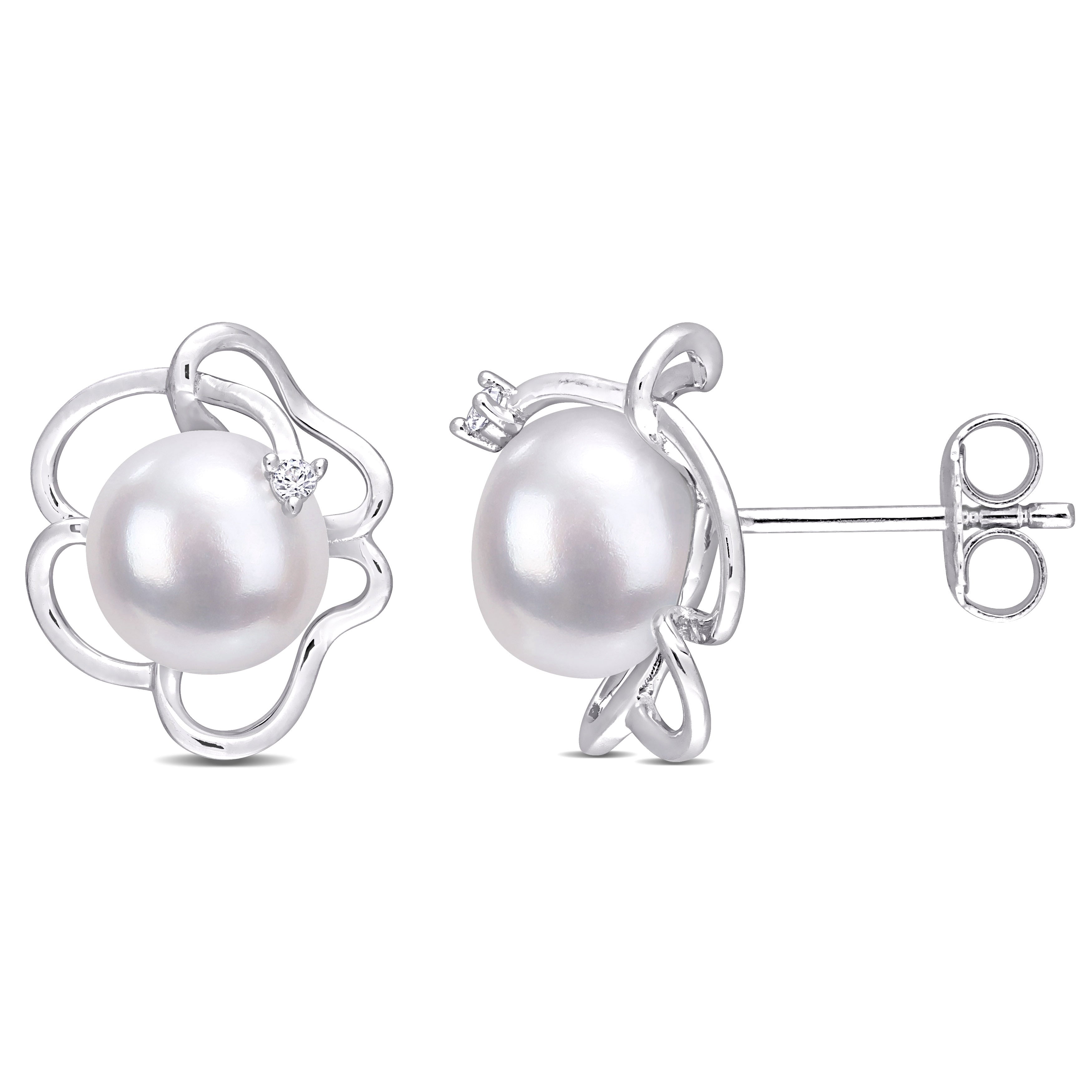 Miadora Sterling Silver Cultured Fw Pearl And Created White Sapphire Floral Stud Earrings 7.5 8Mm