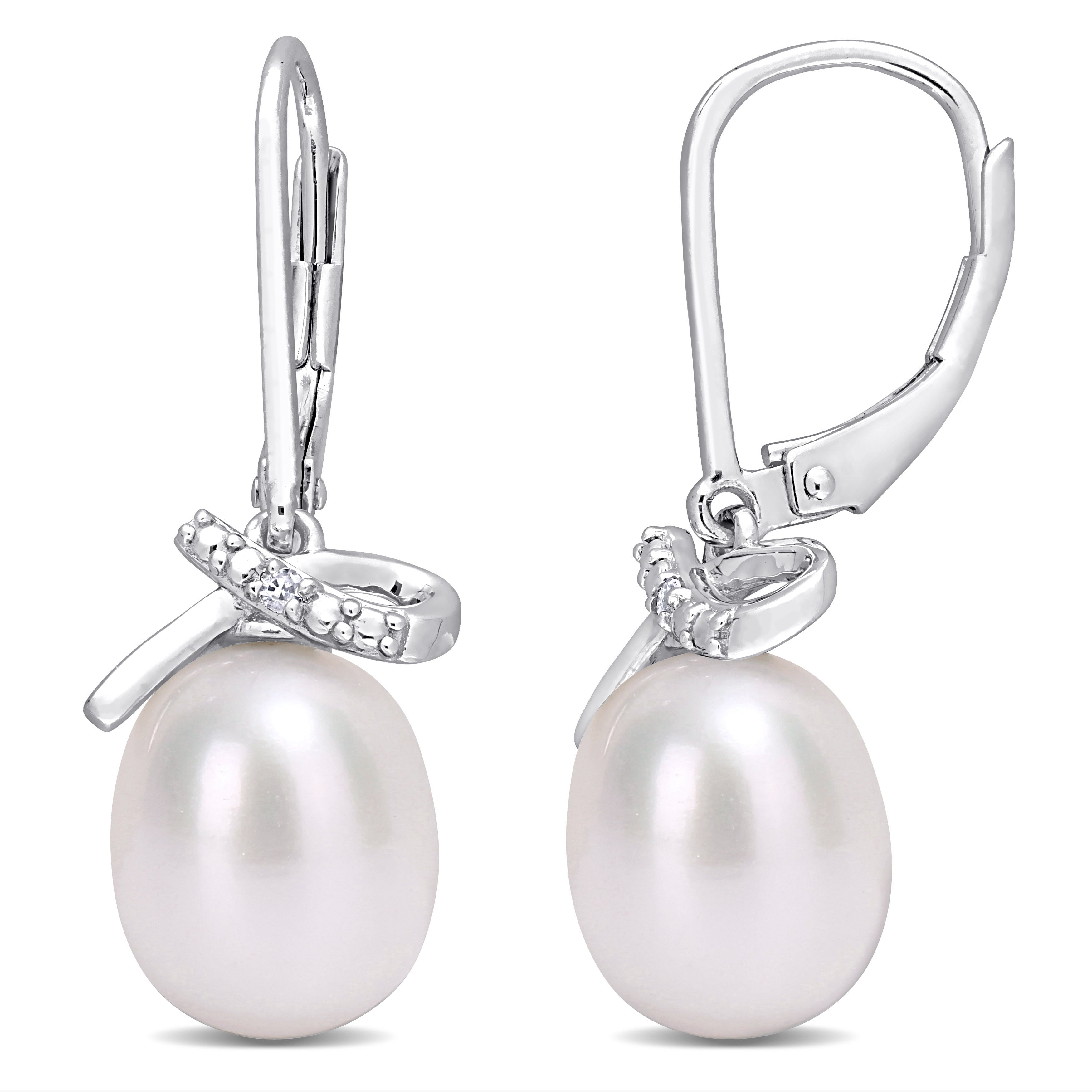 Miadora Sterling Silver Cultured Fw Pearl And Diamond Accent Drop Leverback Earrings 7.5 8Mm