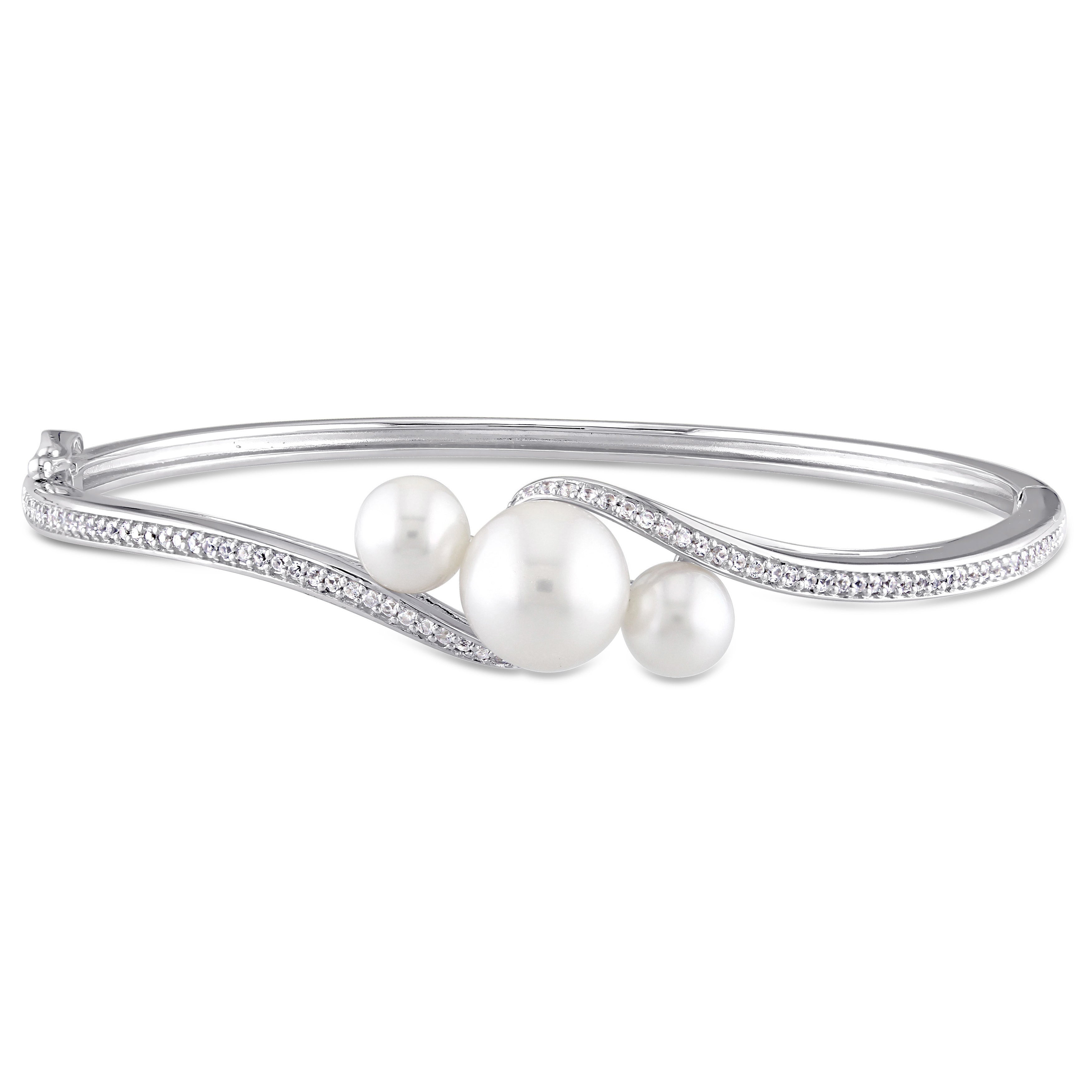 Miadora Sterling Silver Cultured Freshwater Pearl Created White Sapphire 3 Stone Bypass Bangle 9 9.5 Mm