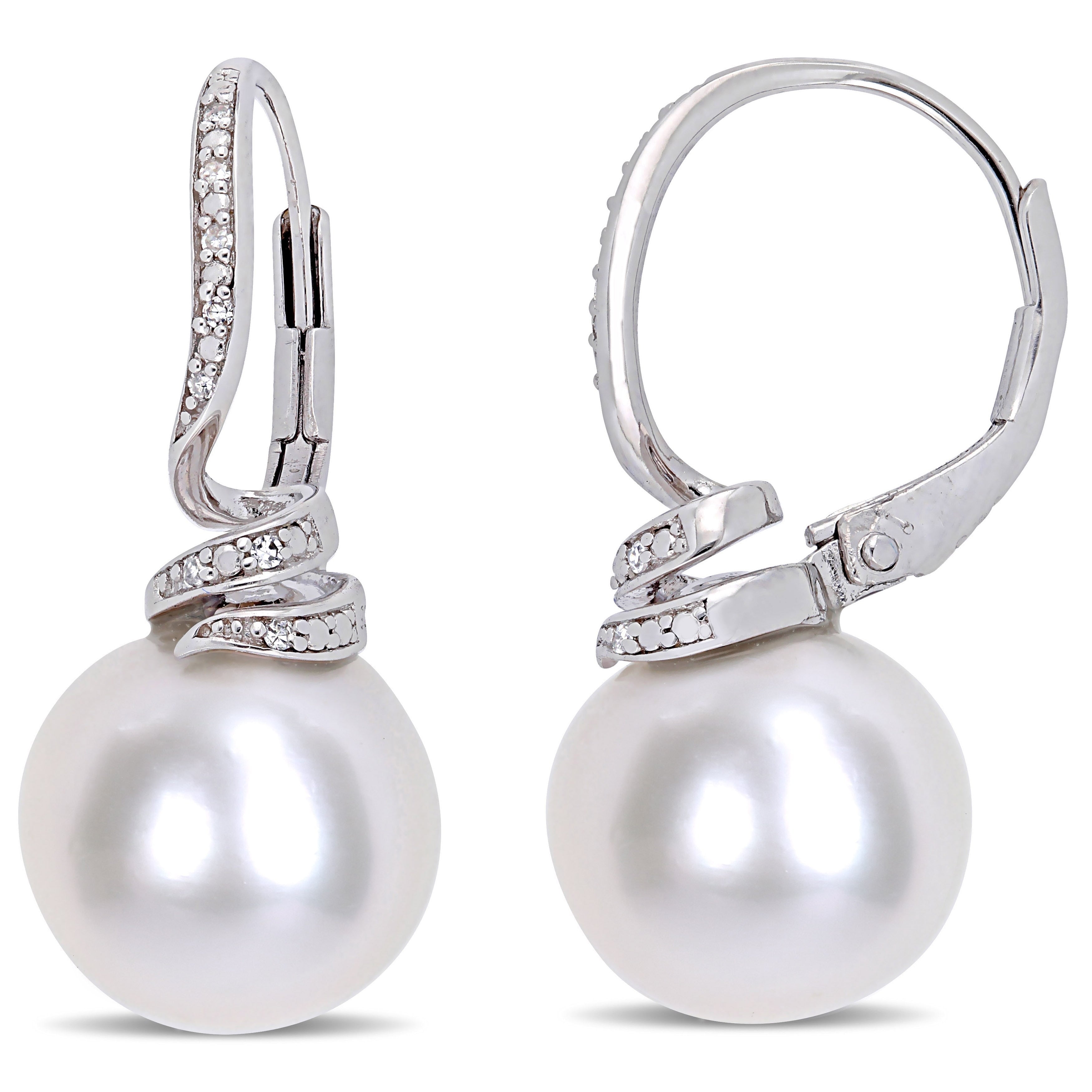 Miadora Sterling Silver Cultured Freshwater Pearl Diamond Swirl Leverback Earrings 11 12Mm
