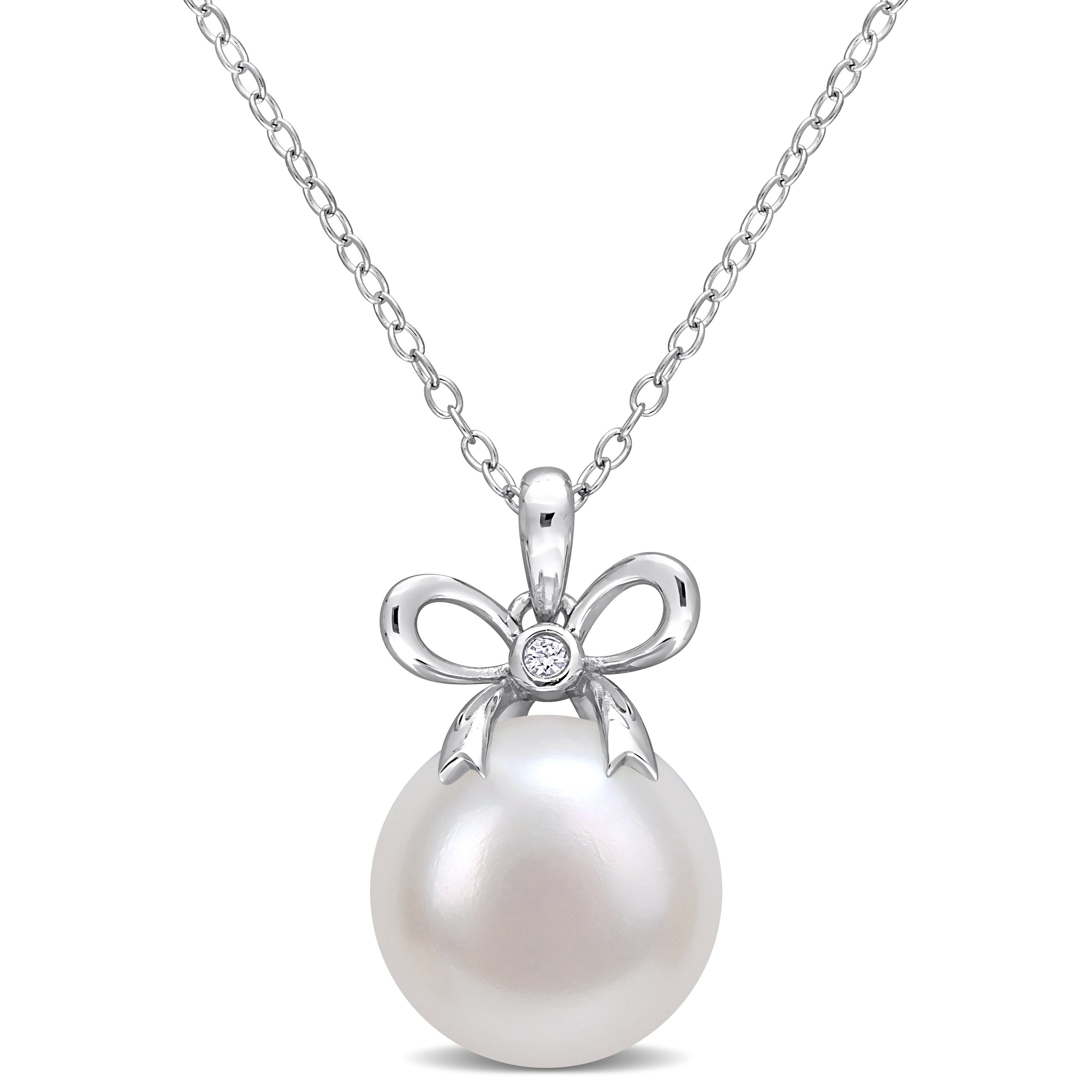 Miadora Sterling Silver Cultured Freshwater Pearl Created White Sapphire Bow Necklace 12 12.5Mm
