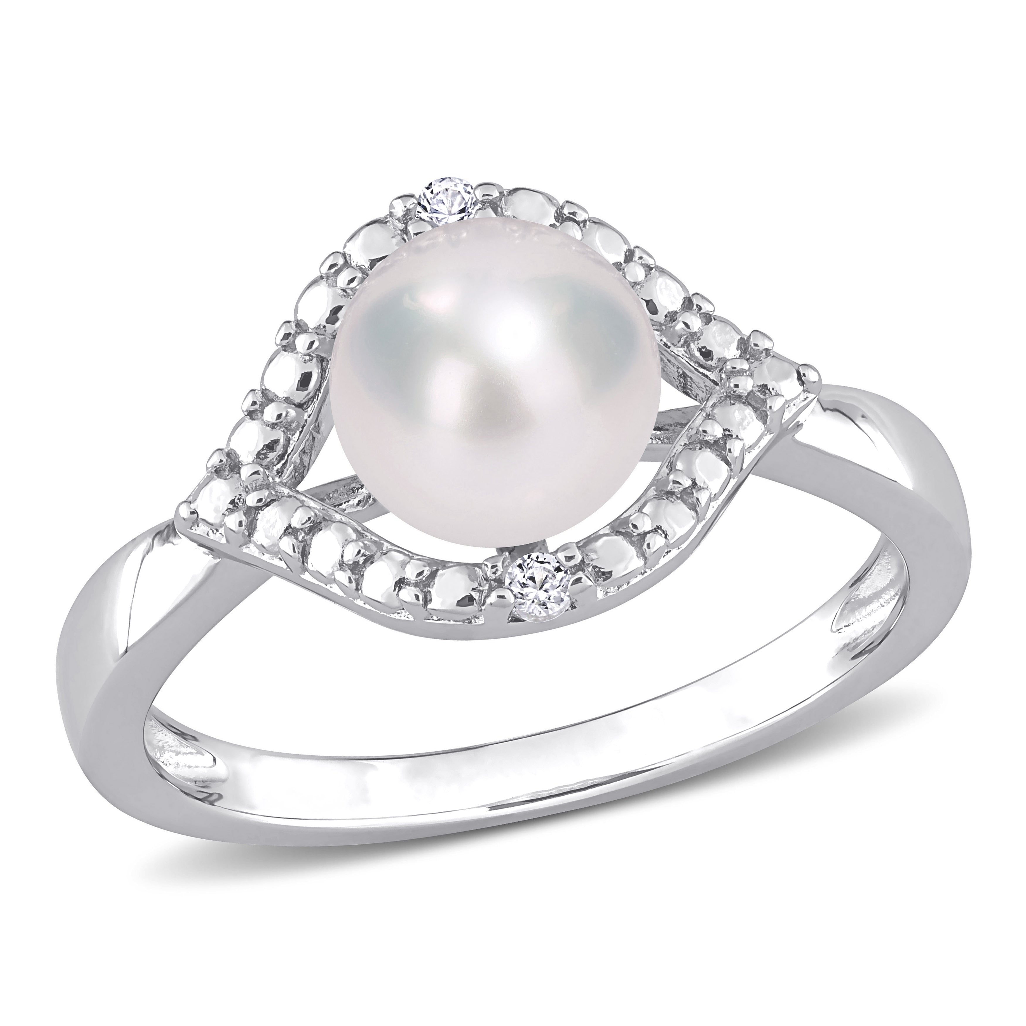 Miadora Sterling Silver Cultured Freshwater Pearl Created White Sapphire Halo Ring 7 7.5Mm