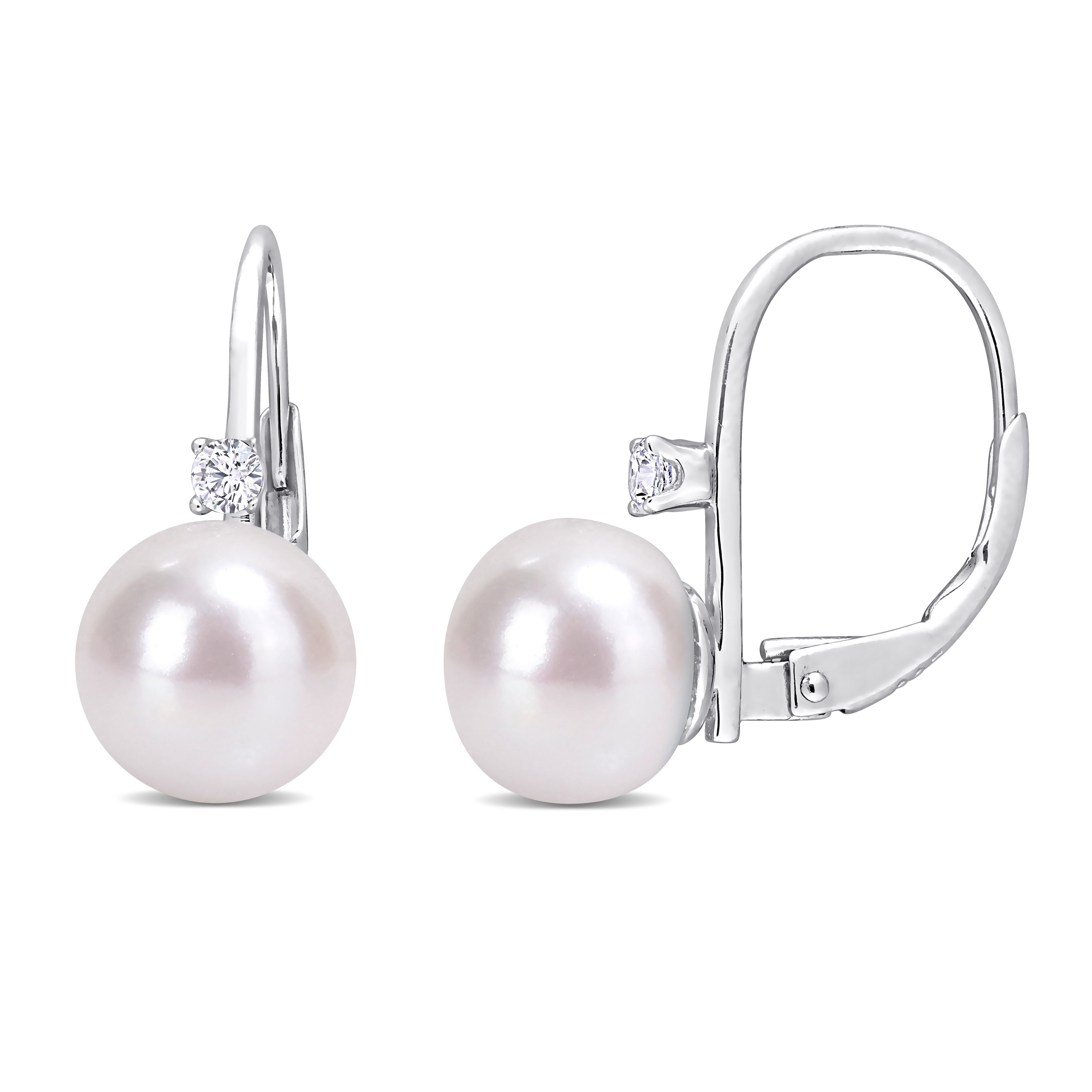 Miadora Sterling Silver Cultured Freshwater Pearl Cubic Zirconia Drop Leverback Earrings 9 9.5Mm