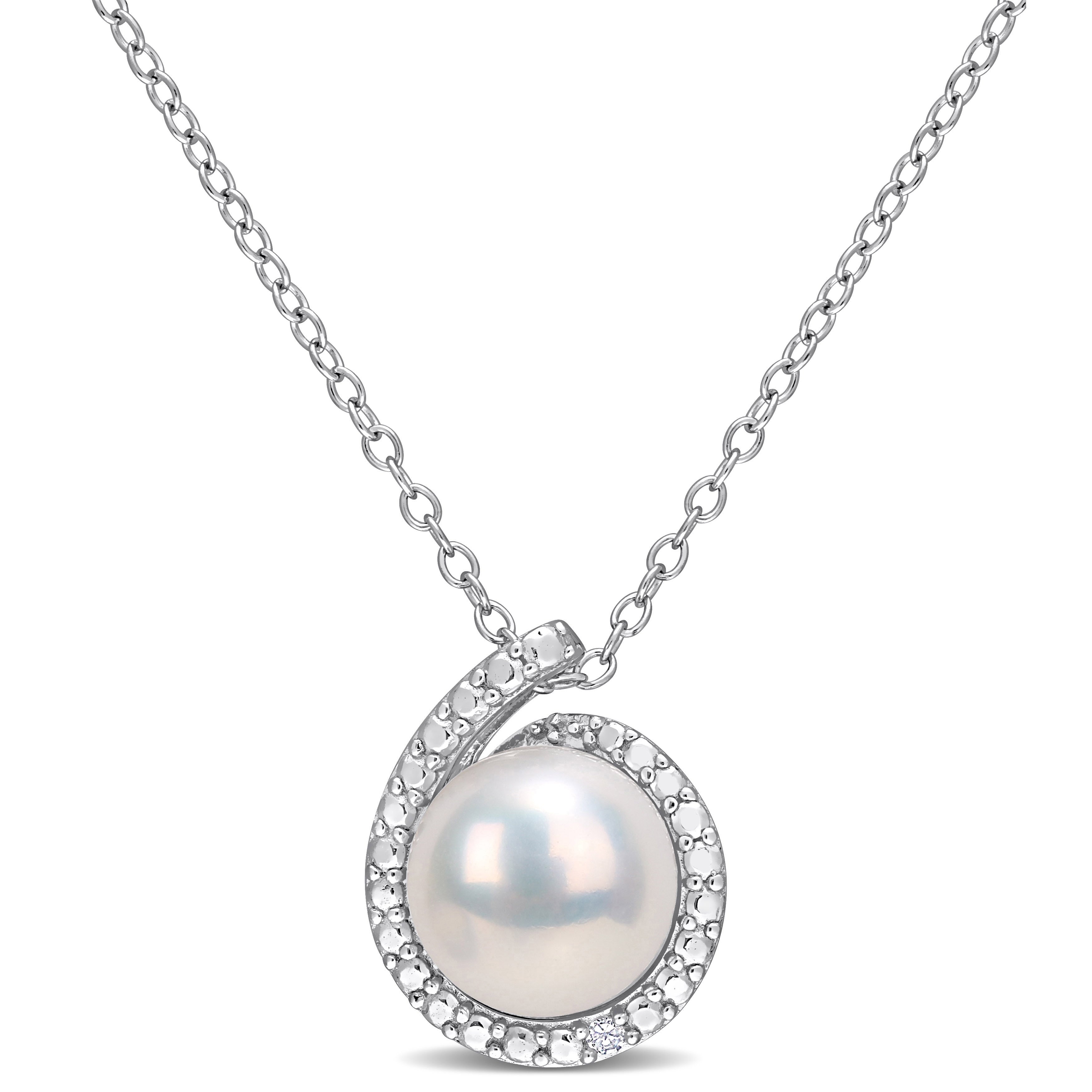 Miadora Sterling Silver Cultured Freshwater Pearl Diamond Accent Beaded Halo Necklace 8 8.5Mm