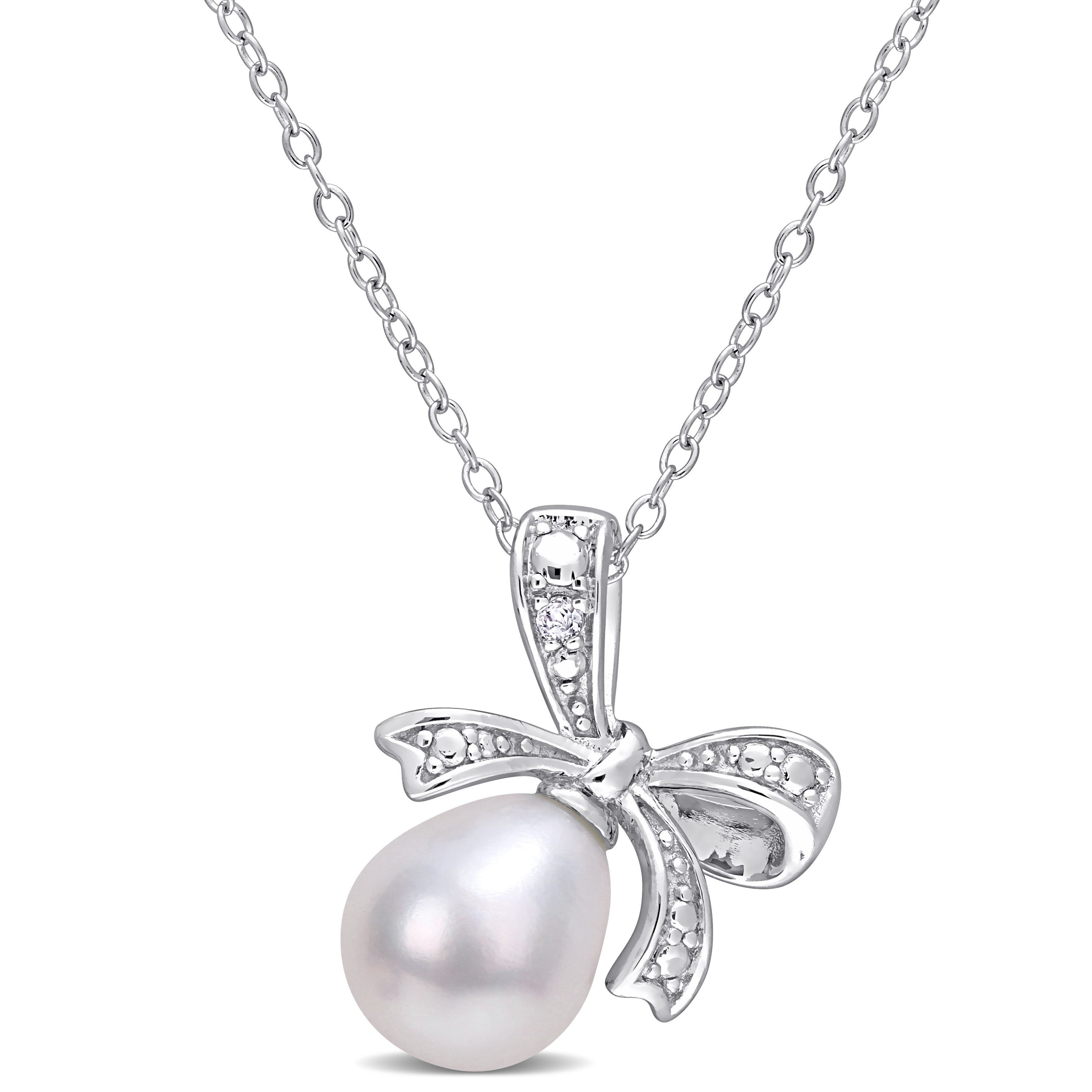 Miadora Sterling Silver Cultured Freshwater Pearl Diamond Accent Bow Necklace 8.5 9Mm