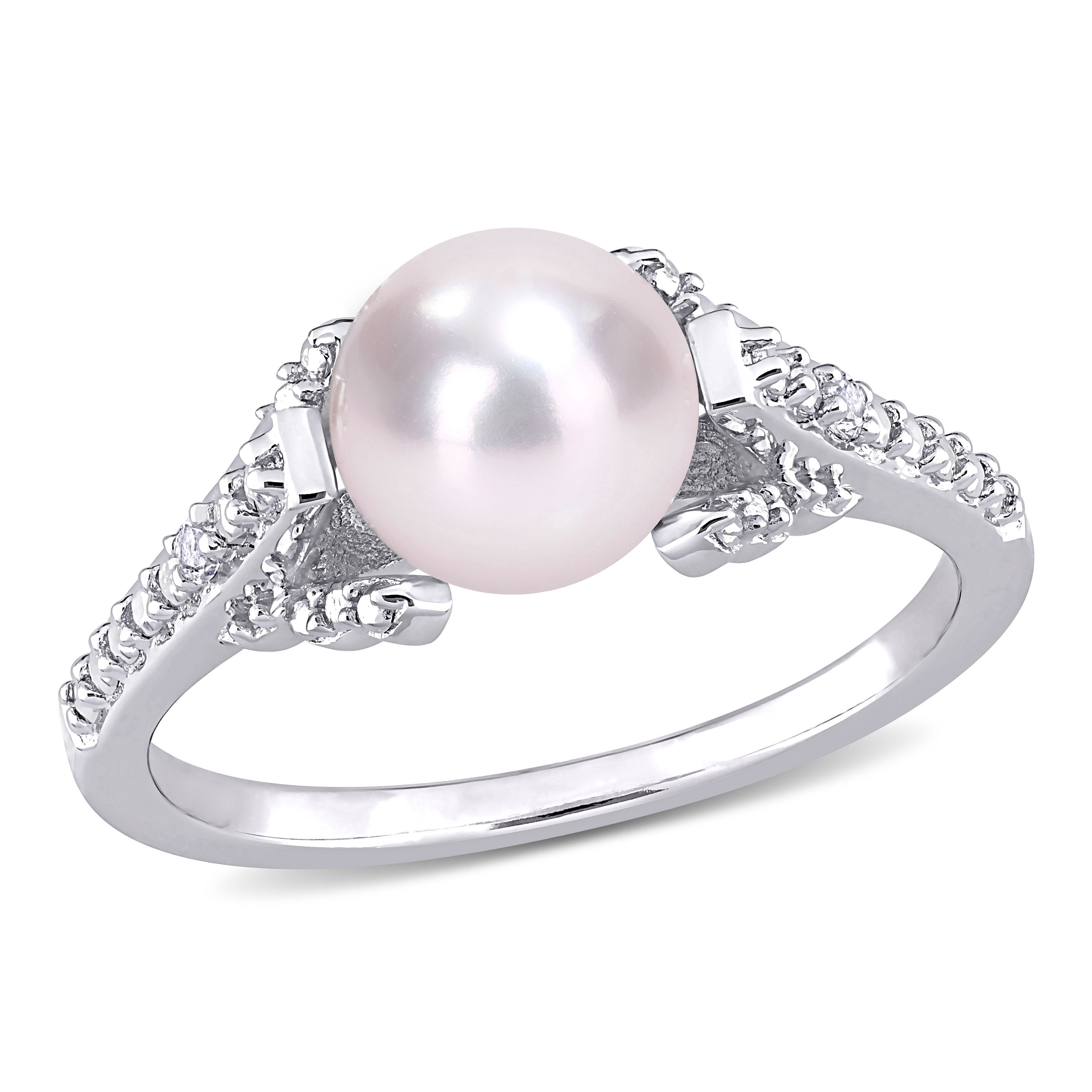 Miadora Sterling Silver Cultured Freshwater Pearl Diamond Accent Solitaire Vintage Ring 7 7.5Mm