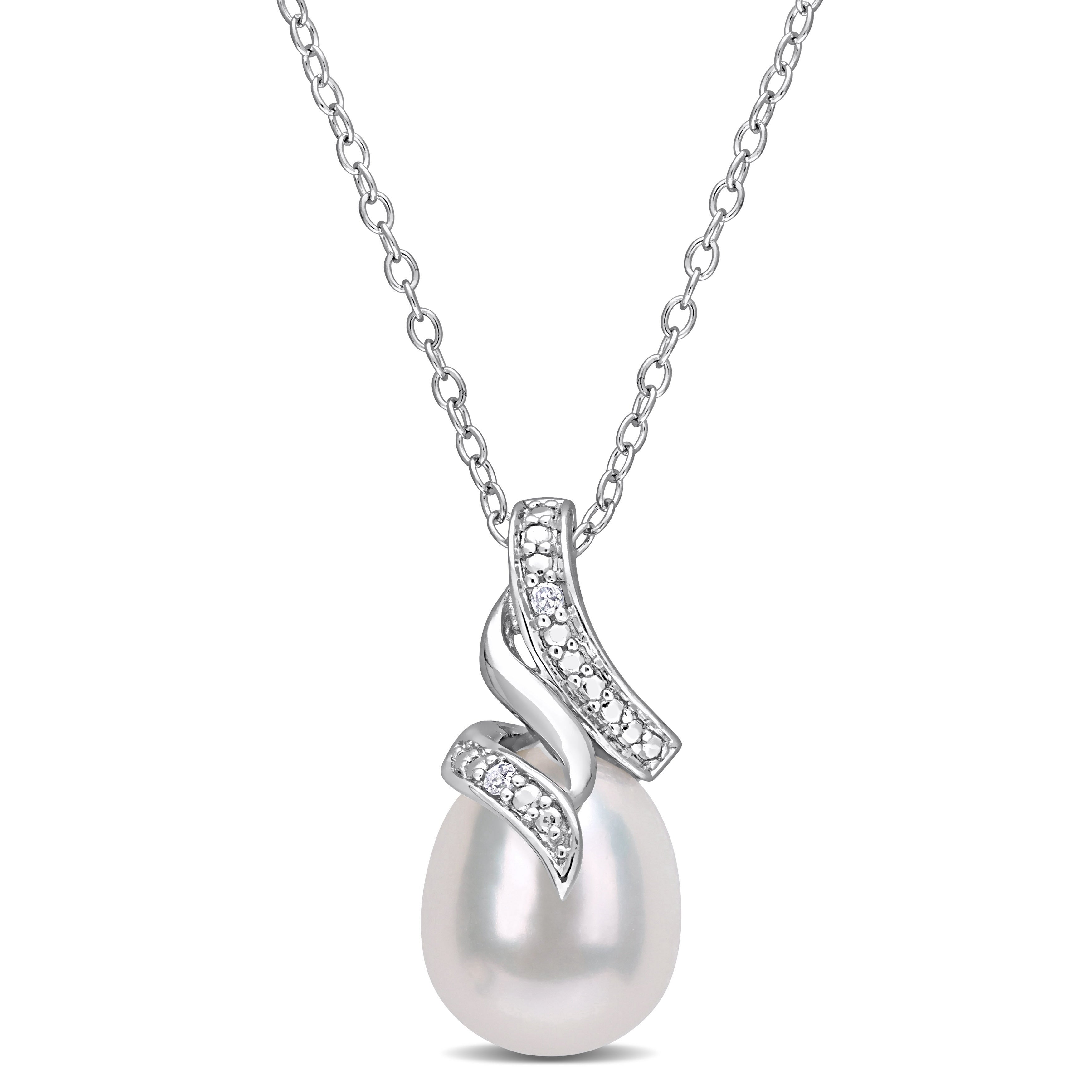 Miadora Sterling Silver Cultured Freshwater Pearl Diamond Accent Swirl Drop Necklace 8.5 9Mm