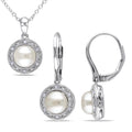 Miadora Sterling Silver Cultured Freshwater Pearl And 1 10Ct Tdw Diamond Halo Necklace And Earrings Set 7.5 8 Mm G H I2 I3
